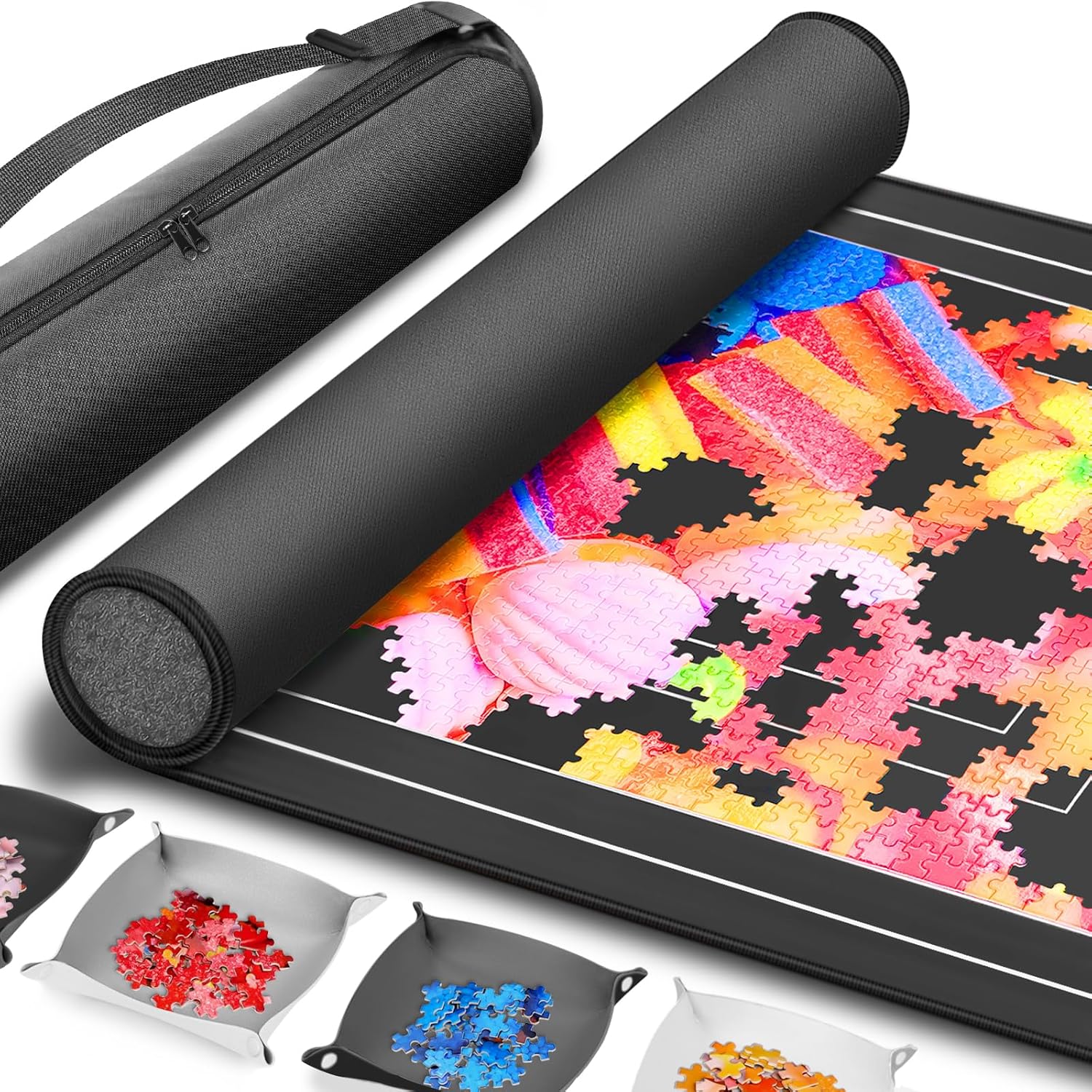 Join&Joy Jigsaw Puzzle Mat Roll Up, Rubber Saver Pad 46 x 26 , with 4 Sorting Trays & Travel Storage Bag, Portable Rollup Puzzles Keeper, Up to 1500 Pieces