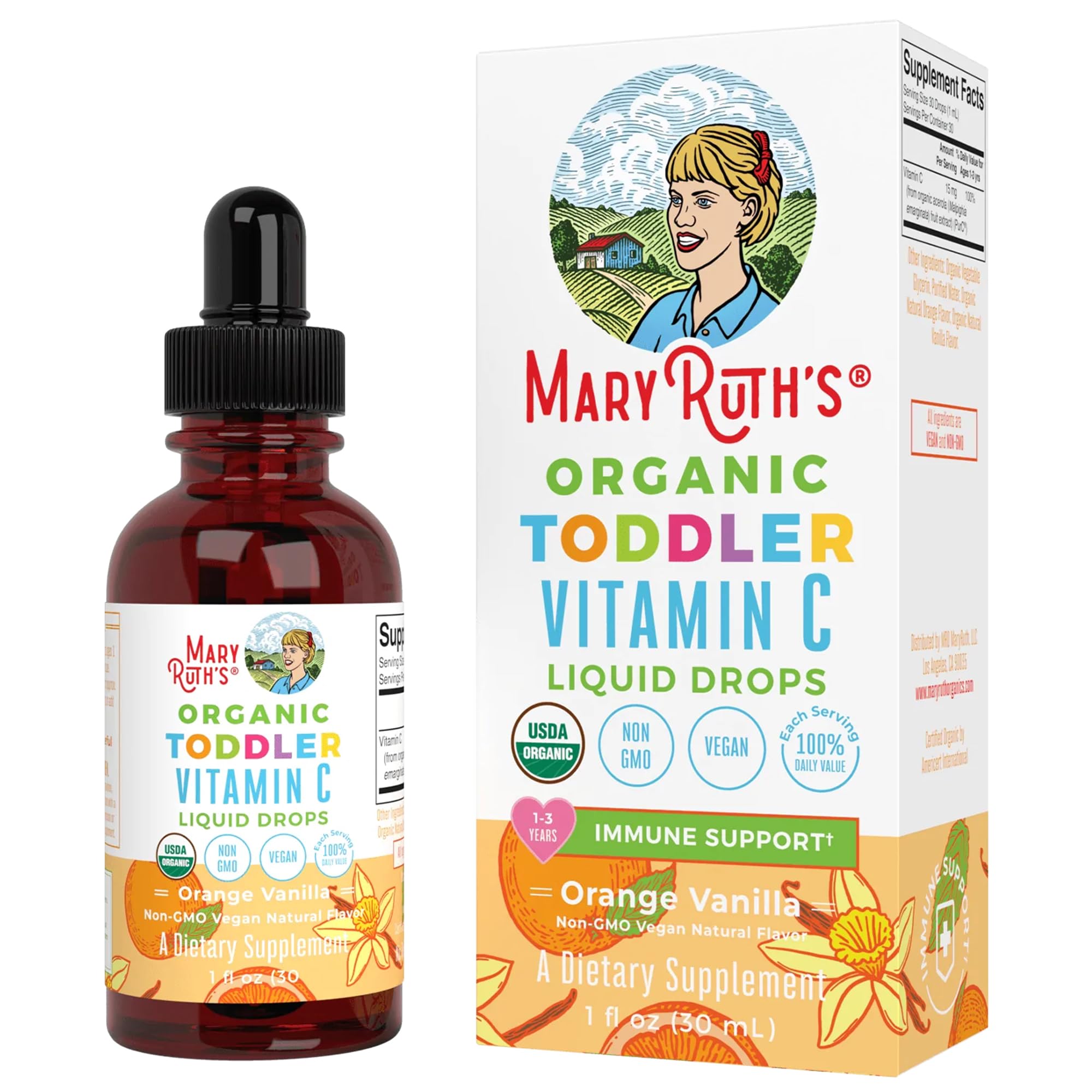 MaryRuth Organics, Toddler Vitamin C Drops, Gusto Arancia e Vaniglia, Gocce di Vitamina C Vegane, 30ml, per Bambini, Testato in Laboratorio, Vegetariano