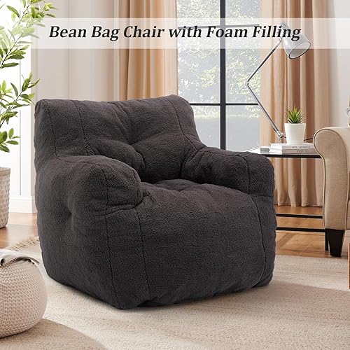 Miniatura 6 de Hommoo Puf grande para adultos con reposabrazos, cómodo puf con relleno de espuma, esponjoso, tela de peluche suave, puf copetudo para dormitorio,