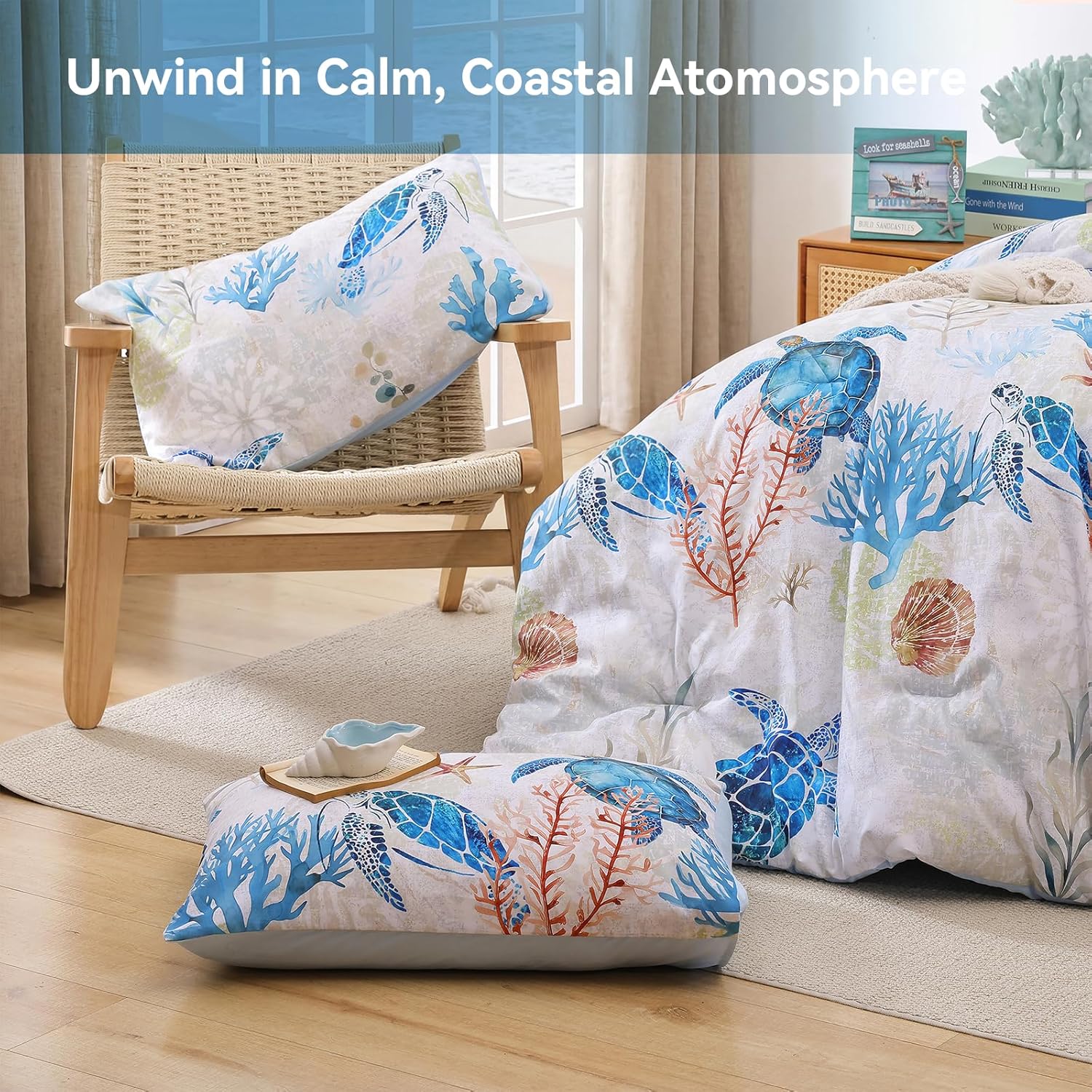 weigelia Coastal Comforter Set Queen Size - Soft Lightweight Beach Themed Bedding with Sea Turtle Print, All Season Summer Bedding for Coastal Bedroom Decor