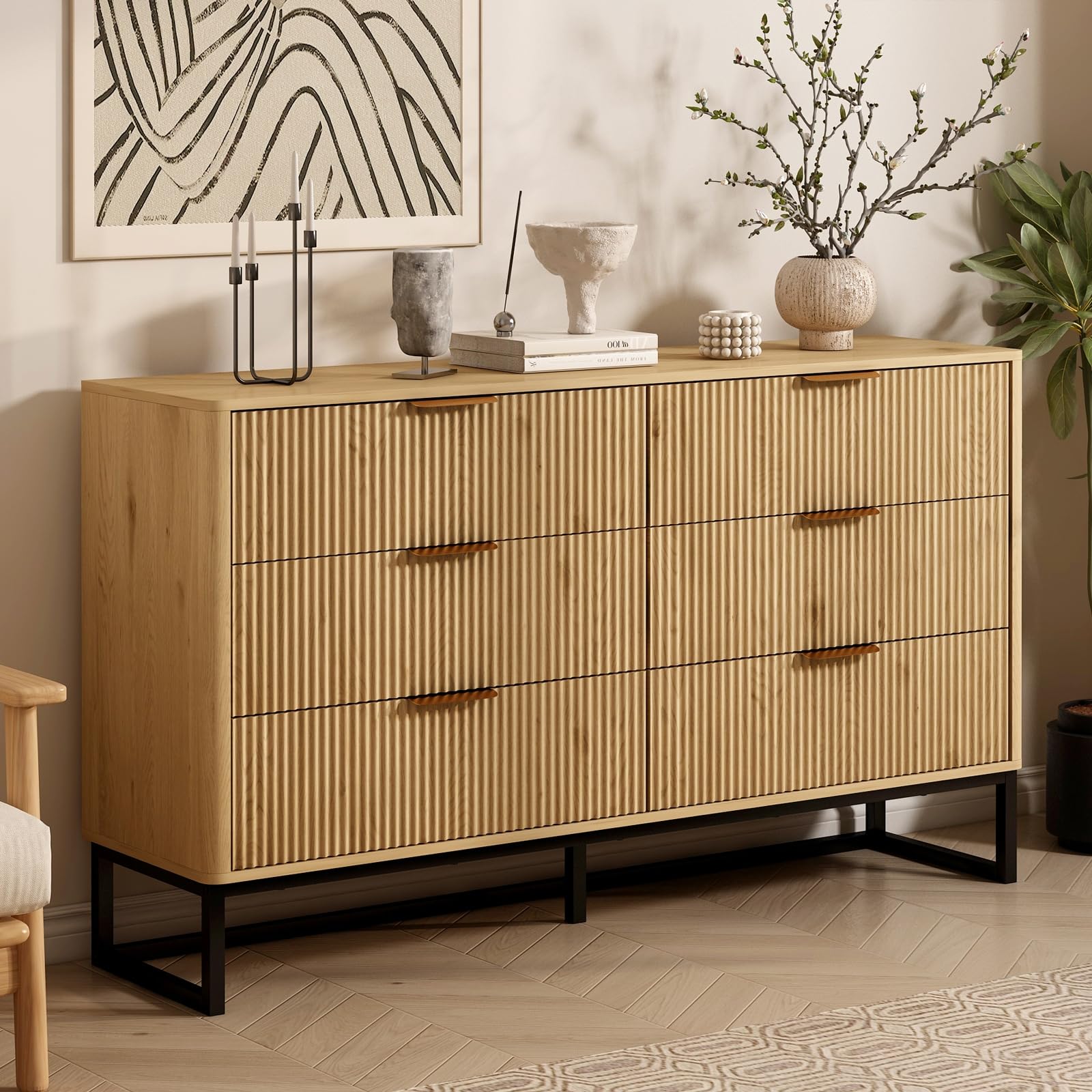 Kommode mit 6 Schubladen, Moderner Kommodenschrank Sideboard mit Metallfuß, Beistellschrank für Schlafzimmer, Wohnzimmer, Flur, 137x40x80cm,Natural