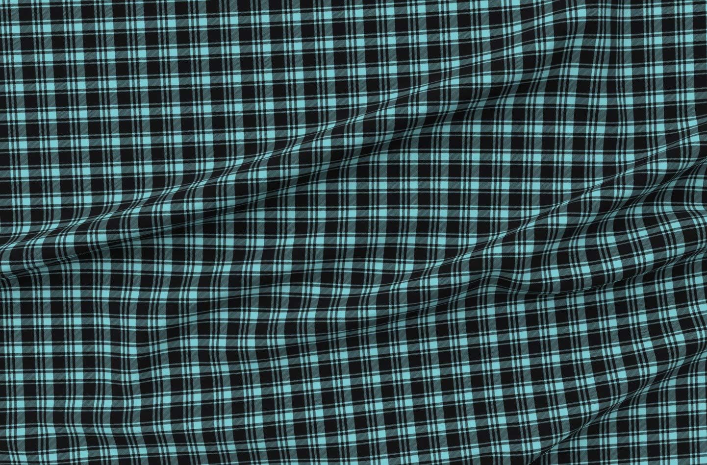 Spoonflower Fabric - Fall Plaid Black & Light Teal Tartan Turquoise Winter Highland Style Printed on Organic Cotton Sateen Fabric by The Yard - Sewing Quilting Apparel Home Decor