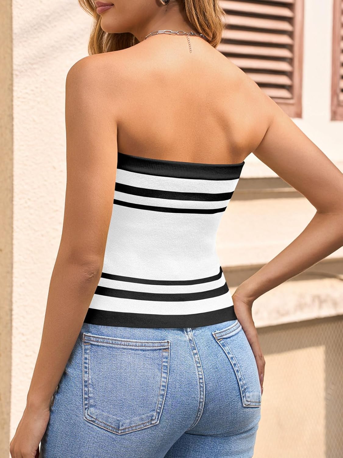 Saodimallsu Womens Strapless Crop Tube Tops Sexy Sleeveless Knit Summer Trendy Color Block Asymmetrical Y2k Bandeau Top - Image 5