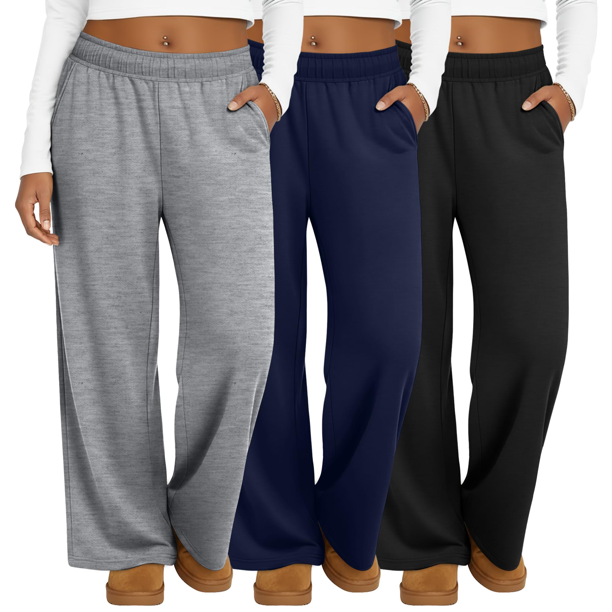 Photo 1 of Oakgarden 3 Pack Women's Plus Size Sweatpants Casual Wide Leg Interior Drawstring High Waist Yoga Baggy Pants with Pockets(Black, Navy Blue, Mixed Gray,5X-Large)