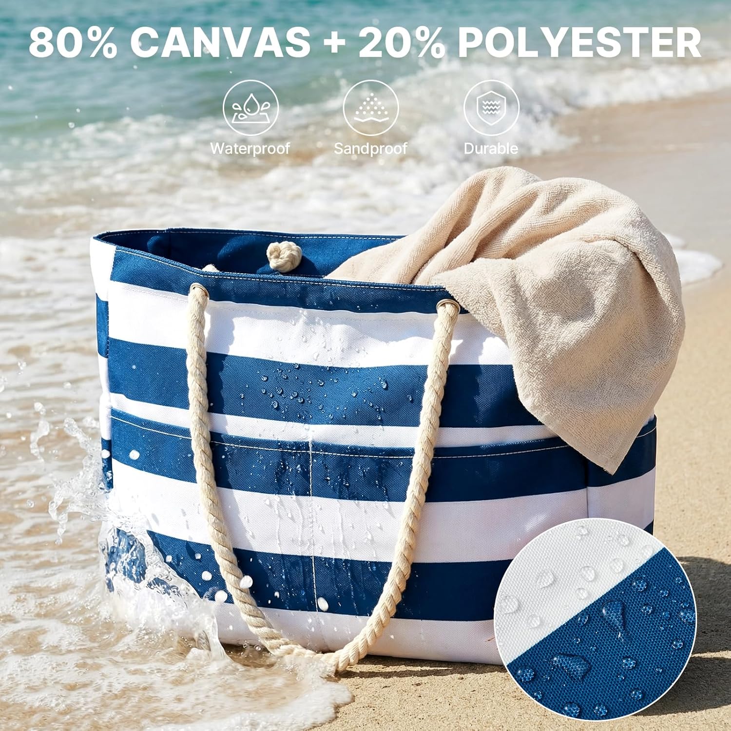 G4Free Canvas Beach Bag Waterproof Sandproof Large Beach Tote Bags for Women Pool Swim Travel Grocery