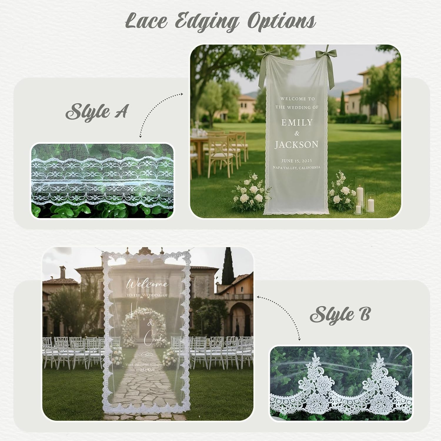 Personalized Wedding Welcome Fabric Sign, Handmade Custom Names Date Sheer Lace Sign Banner, Wedding Entrance Decor for Outdoor Ceremony, Garden, Lawn, Indoor Reception Backdrop