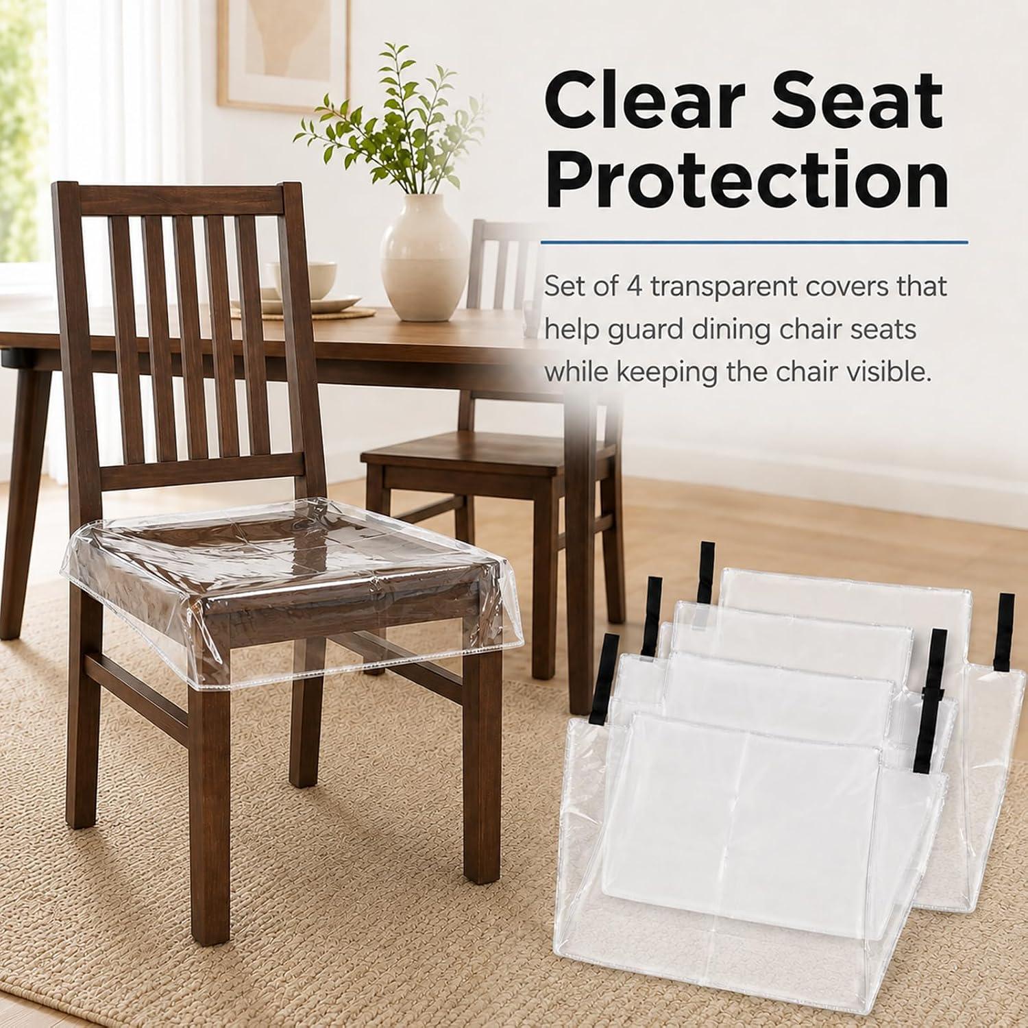 4 Pack Plastic Dining Chair Covers, Reusable Clear PVC Seat Protector