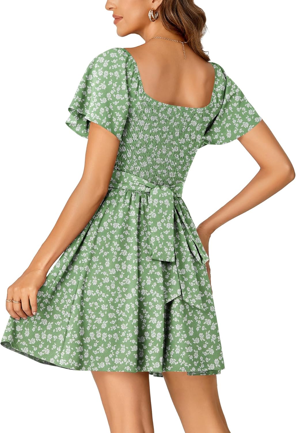 Rooscier Women's Tie Back Square Neck Wrap Ruffle Short Sleeve Flare Mini Dress - Image 5