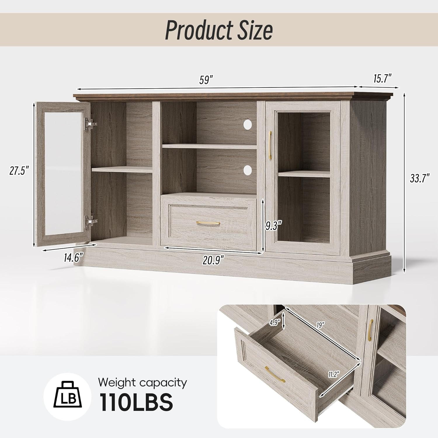 Beige Farmhouse TV Stand with Storage Cabinets and Glass Doors, Entertainment Center for 75 Inch TV, Media Console Side Storage Cabinets for Living Room
