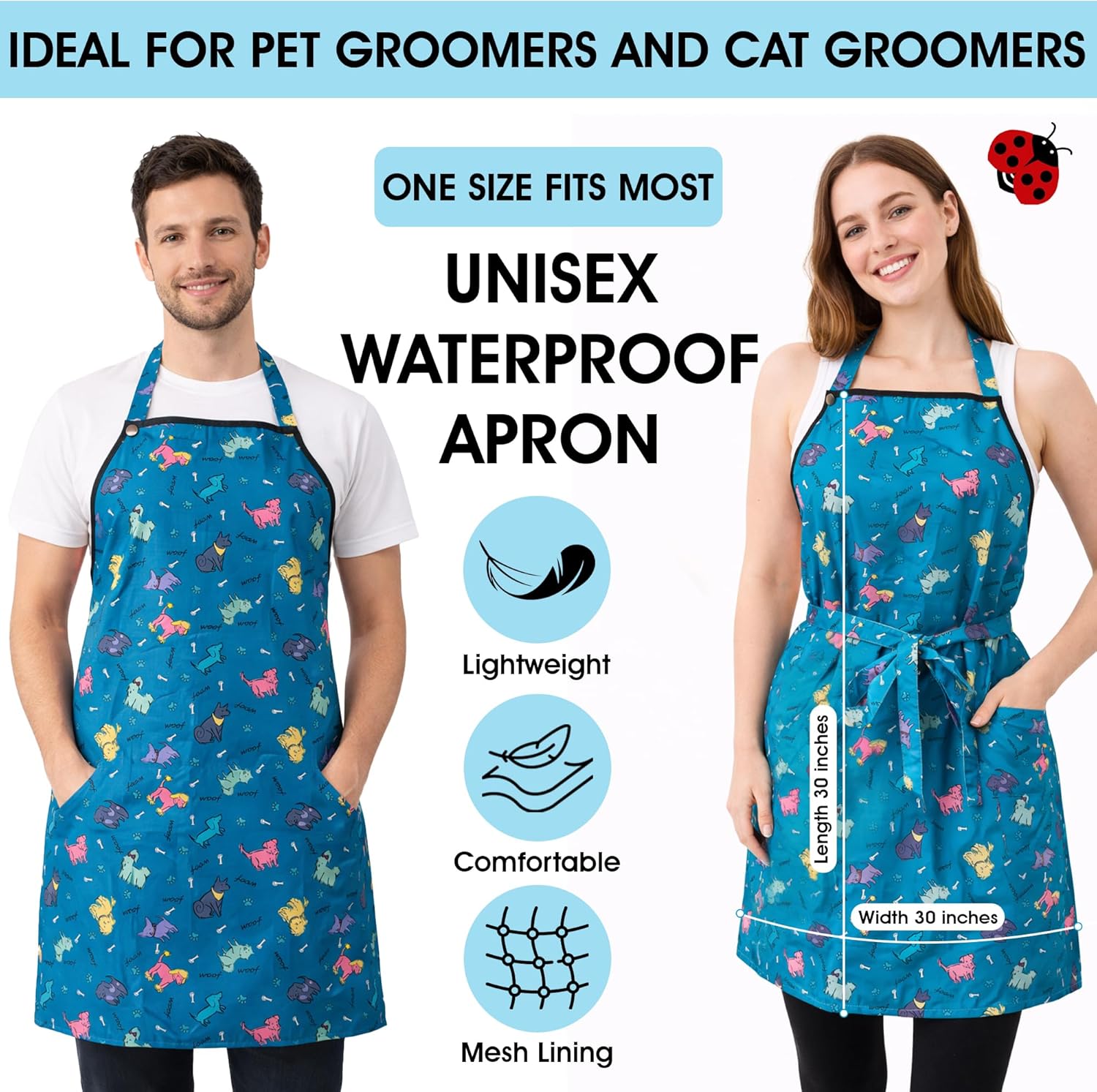 Ladybird Line 608 Blue Dog Design Waterproof Grooming and Styling Apron, Hair and Bleach Resistant, 2 Front Pockets, Adjustable Neckband and Mesh Lined, Ideal for Pet Groomers, One Size
