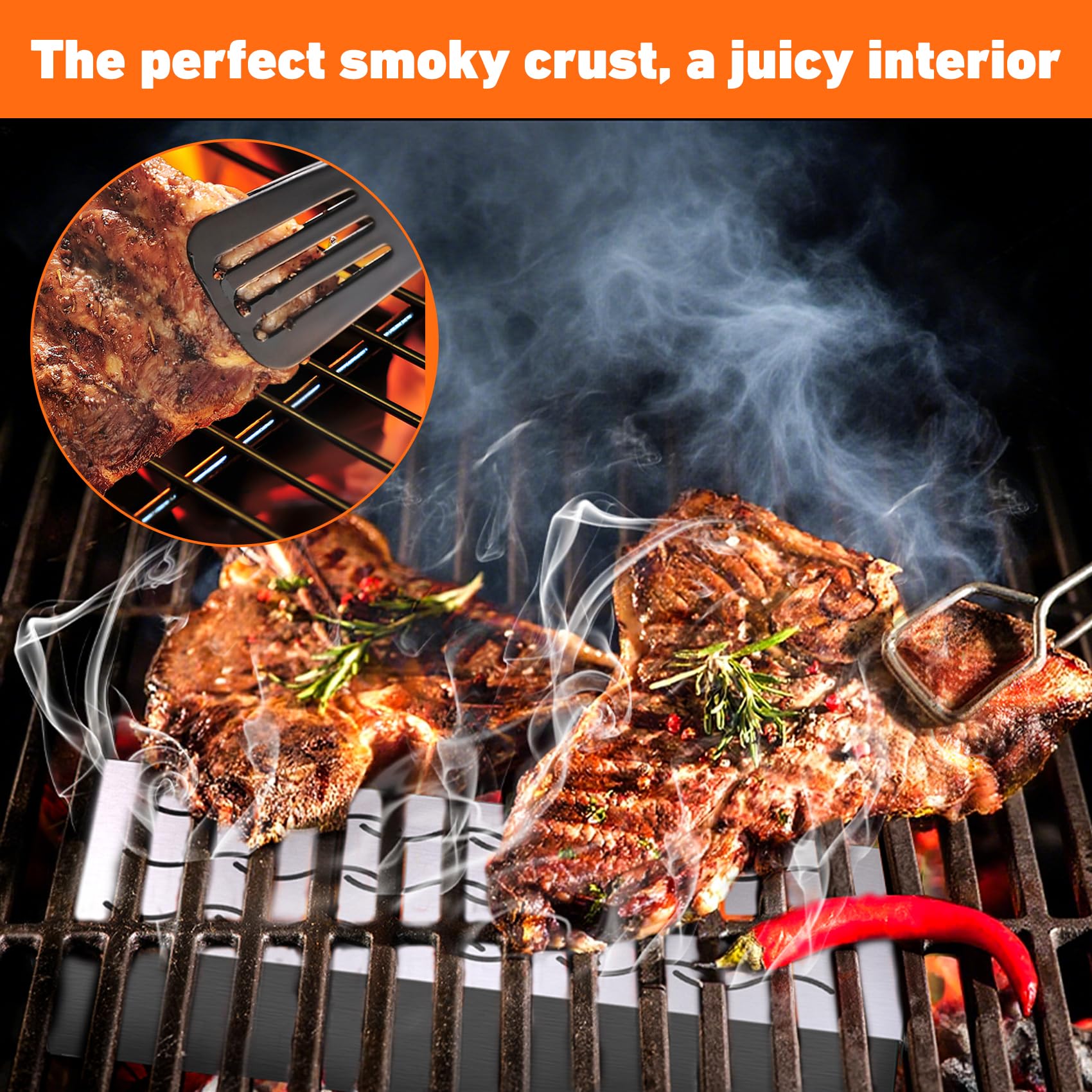 Skyflame Caja para ahumar virutas de madera con salida de humo ondulada para parrilla de carbón y gas propano, 12.5 pulgadas de largo x 3.3 pulgadas de ancho x 2.5 pulgadas de alto, patente de diseño