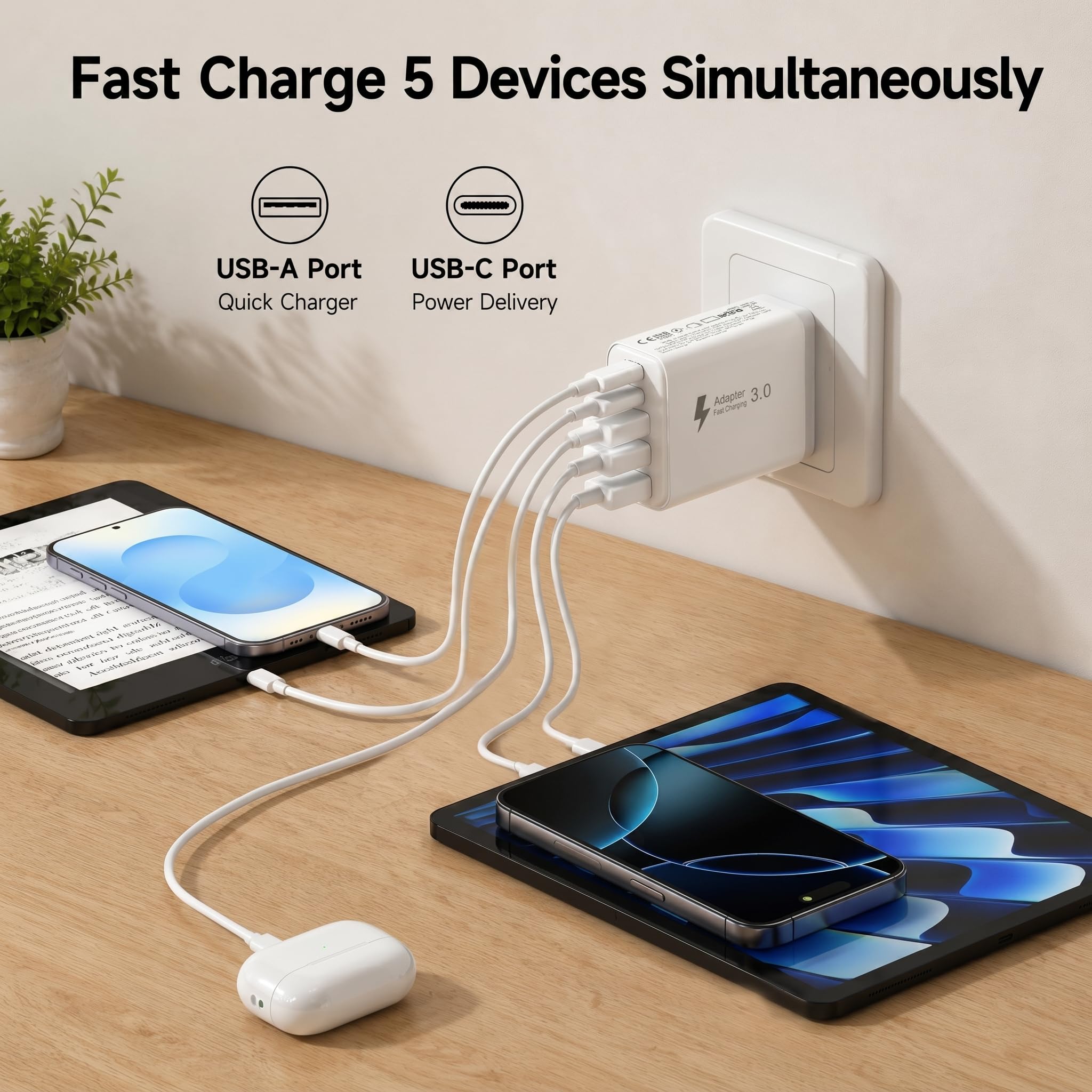 Szybka Ładowarka USB C 50W, Wieloportowy Zasilacz USB C z 5 Portami, Ładowarka Sieciowa Kostka Wtyczka USB Typ C do iPhone 17 16 15 14 13 12 11 Pro Max, Samsung Galaxy S26 S25