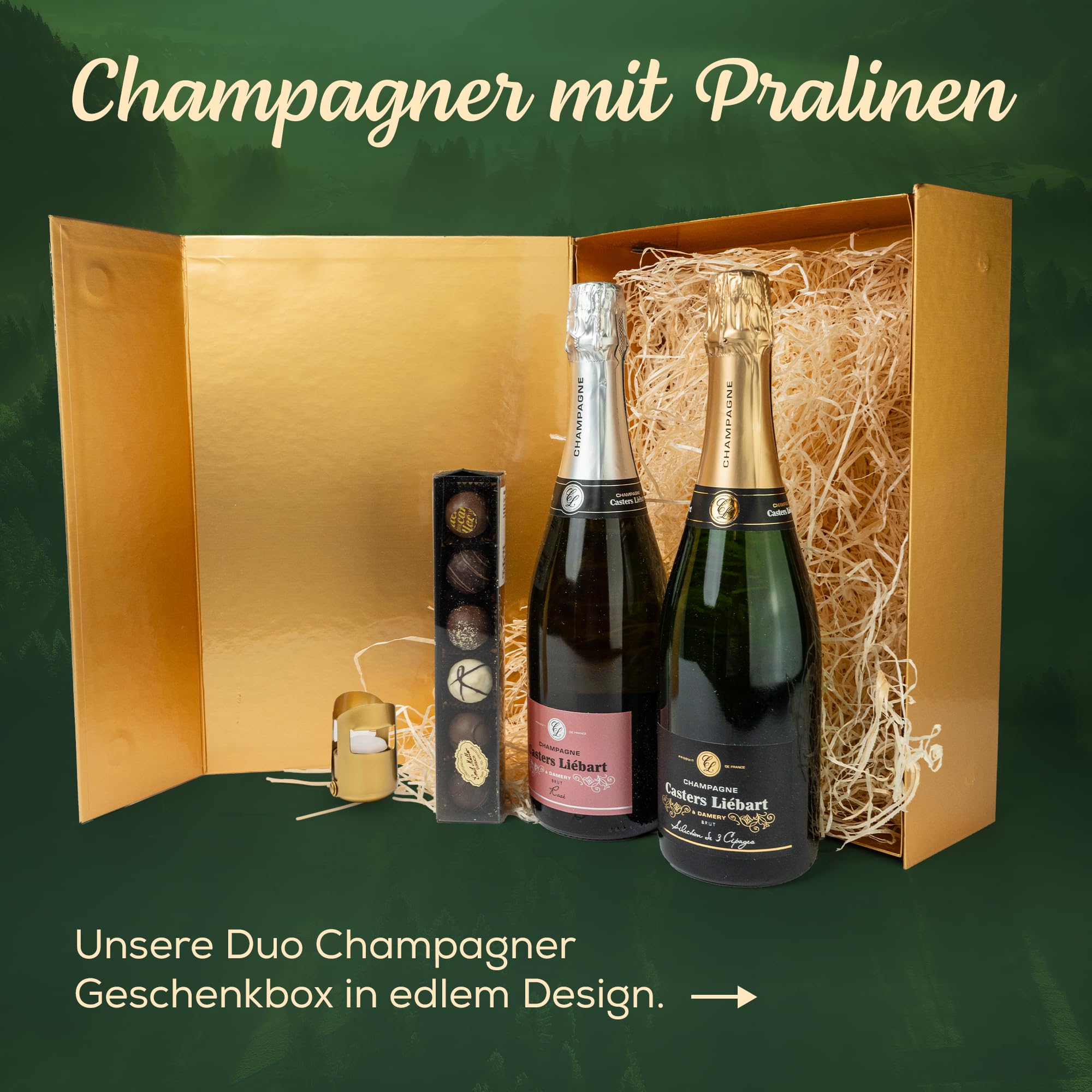 DUO CHAMPAGNER - Geschenkkorb mit Schokolade in edler GOLD Magnetbox - Gourmet Degustation - Party Geschenkidee für Frauen und Männer. Zum Geburtstag, Hochzeit, und weitere Anlässe