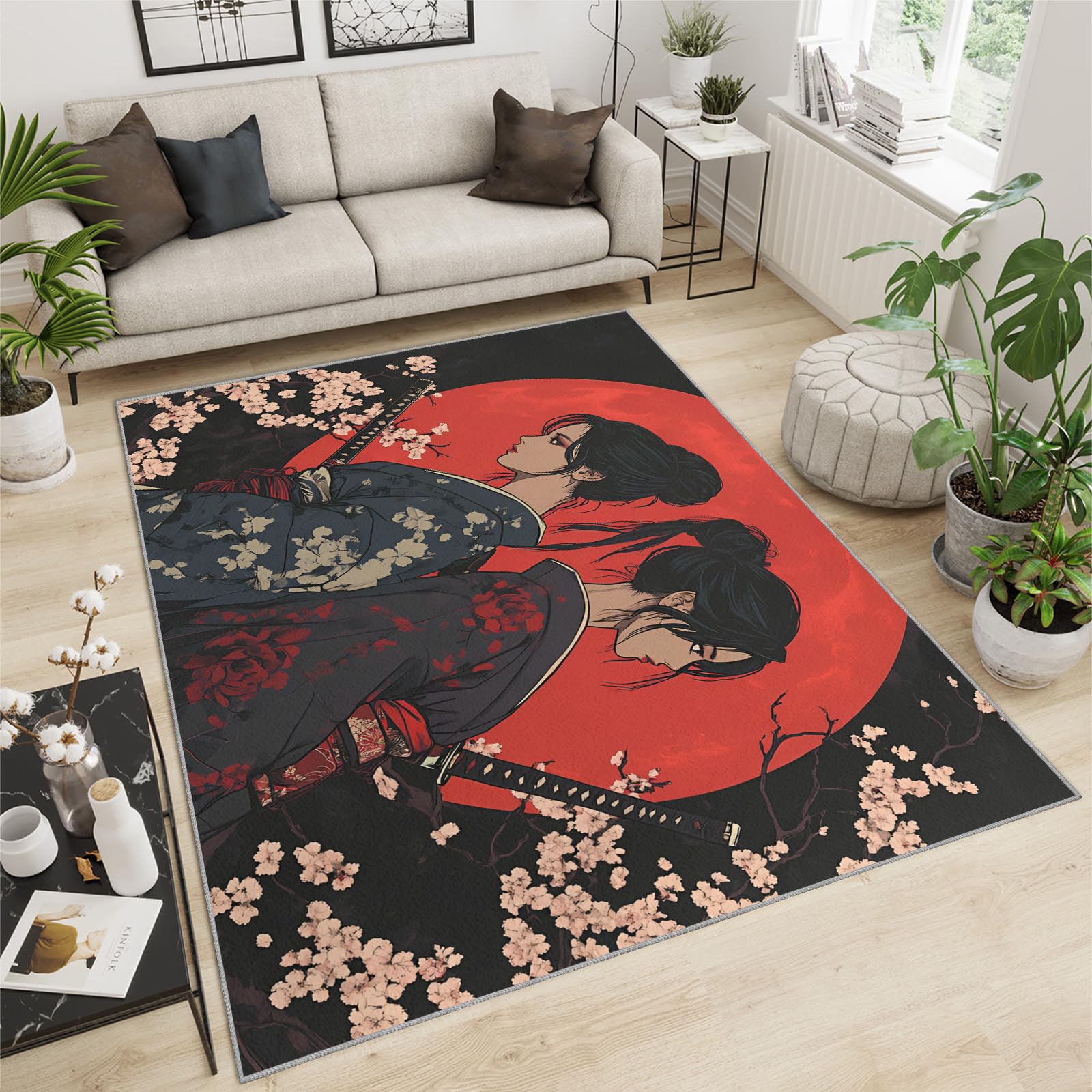 SANSJI Japanese Rug - Japanese Geisha Rug, Samurai Florals Rugs for Living Room Bedroom, Washable Non Slip Soft Large Carpet, Traditional Girl Area Rugs & Home Decor 180x200 cm