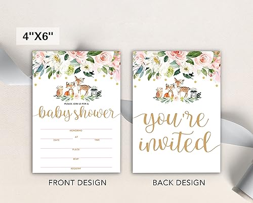 Miniatura 2 de Invitaciones de baby shower, animales de madera florales rellenan tarjetas de invitaciones con sobres, ciervos búho zorro, juego de 25.