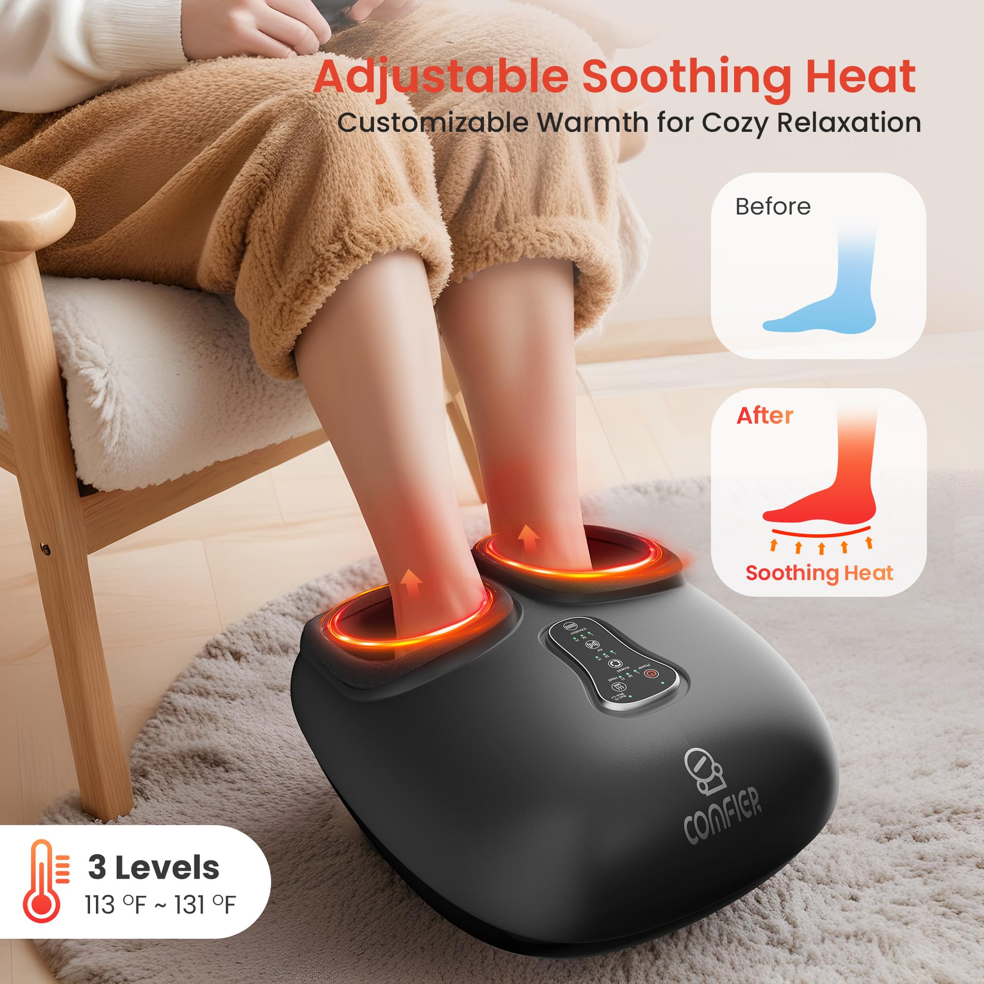COMFIER Machine de massage des pieds avec chaleur, masseur de pieds Shiatsu, chauffe-pieds, télécommande, paramètres personnalisables pour une utilisation à domicile ou au bureau, cadeaux pour homme