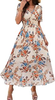 Galocmo Women Floral Maxi Dress, V-Neck Short Sleeve Empire Waist Summer Dress, Boho Flowy Smocked Long Dress