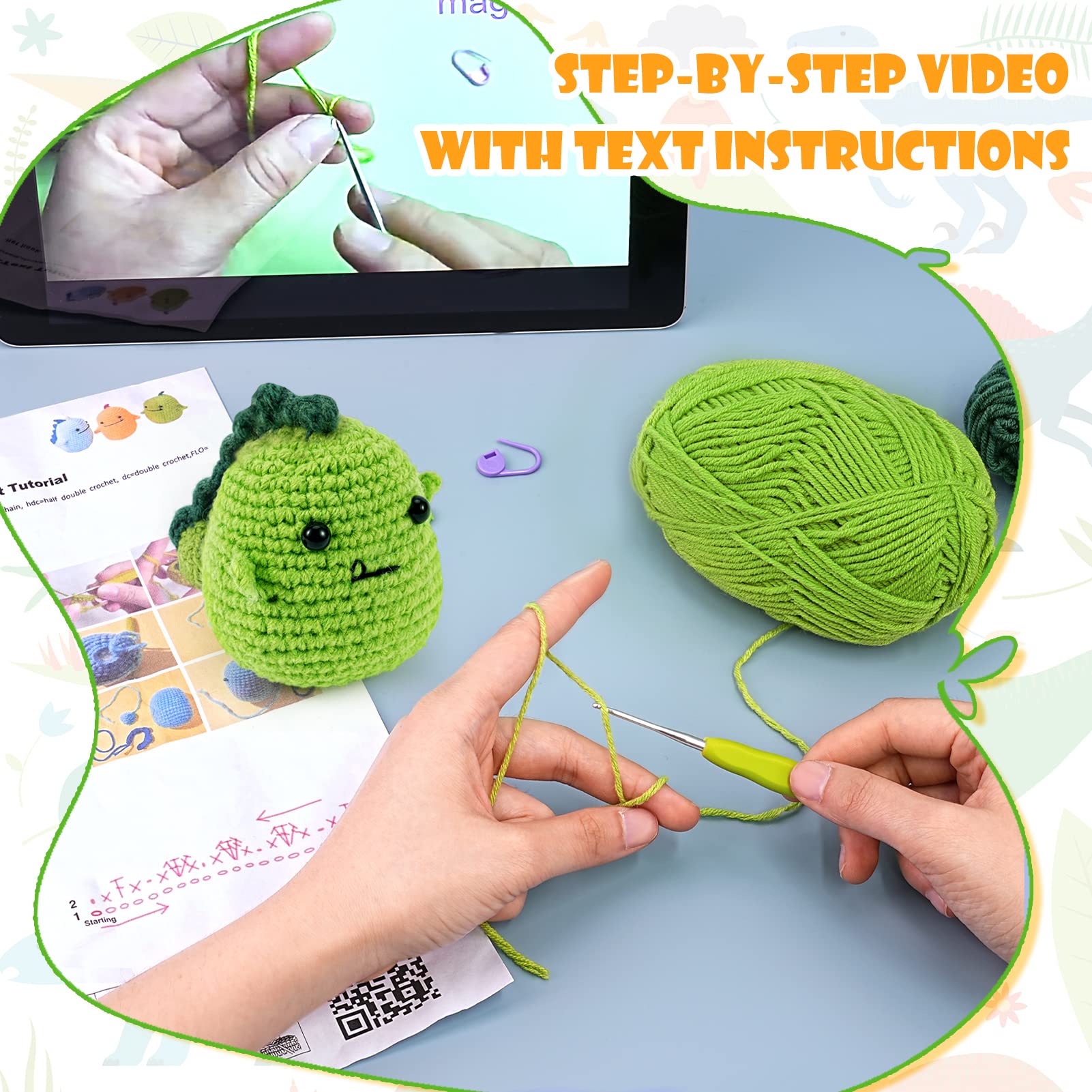 Eowppue Kit De Démarrage Au Crochet Pour Débutant - Kit De Crochet DIY, Kit De Crochet Dinosaure, Complet Avec Kits De Crochet, Marqueurs De Point Et Kit De Tricot