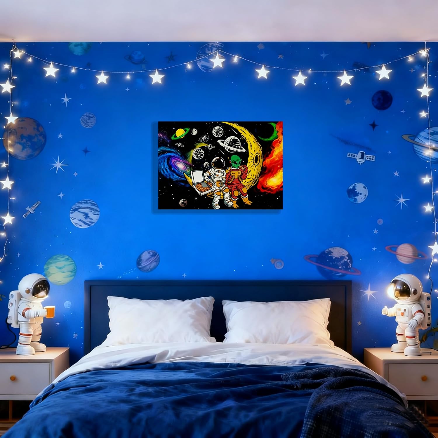 Space Astronaut Alien Pizza Party Canvas Wall Art Black Cosmic Prints image 2