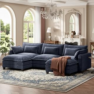 Marsail Modular Sectional Sofa 110.6" U-Shaped Modern Comfy Cloud Couch, 5-Seat Chenille Deep Seat Sofa with Throw Pillow & Movable Ottoman for Living Room, Bedroom and Apartment, Navy Blue - Amazon product rated Grade A