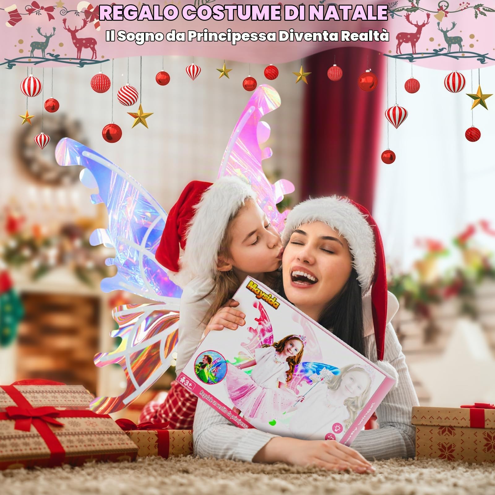 Costume da principessa con ali di fata elettrica per ragazze,ali di farfalla in movimento con luci LED&musica, costume da principessa con corona/bacchetta/braccialetti e collane/giocattolo per bambini