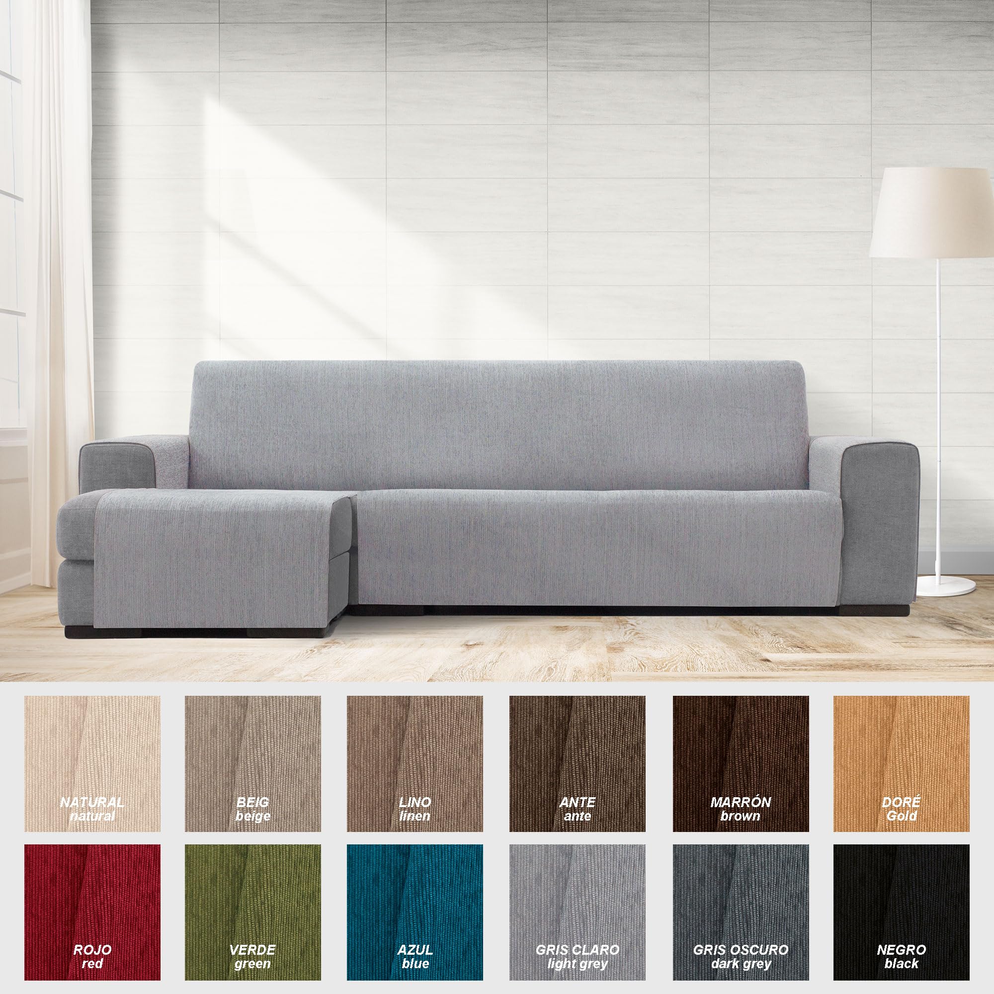 FAVERTI® Cubre Sofá Chaise Longue Brazo Izquierdo 240 (Visto de Frente) | Modelo PEGO | Gris Claro | Chenilla Tacto Extra Suave, Protector Chaise de Calidad Hecho en España con Material Reciclado