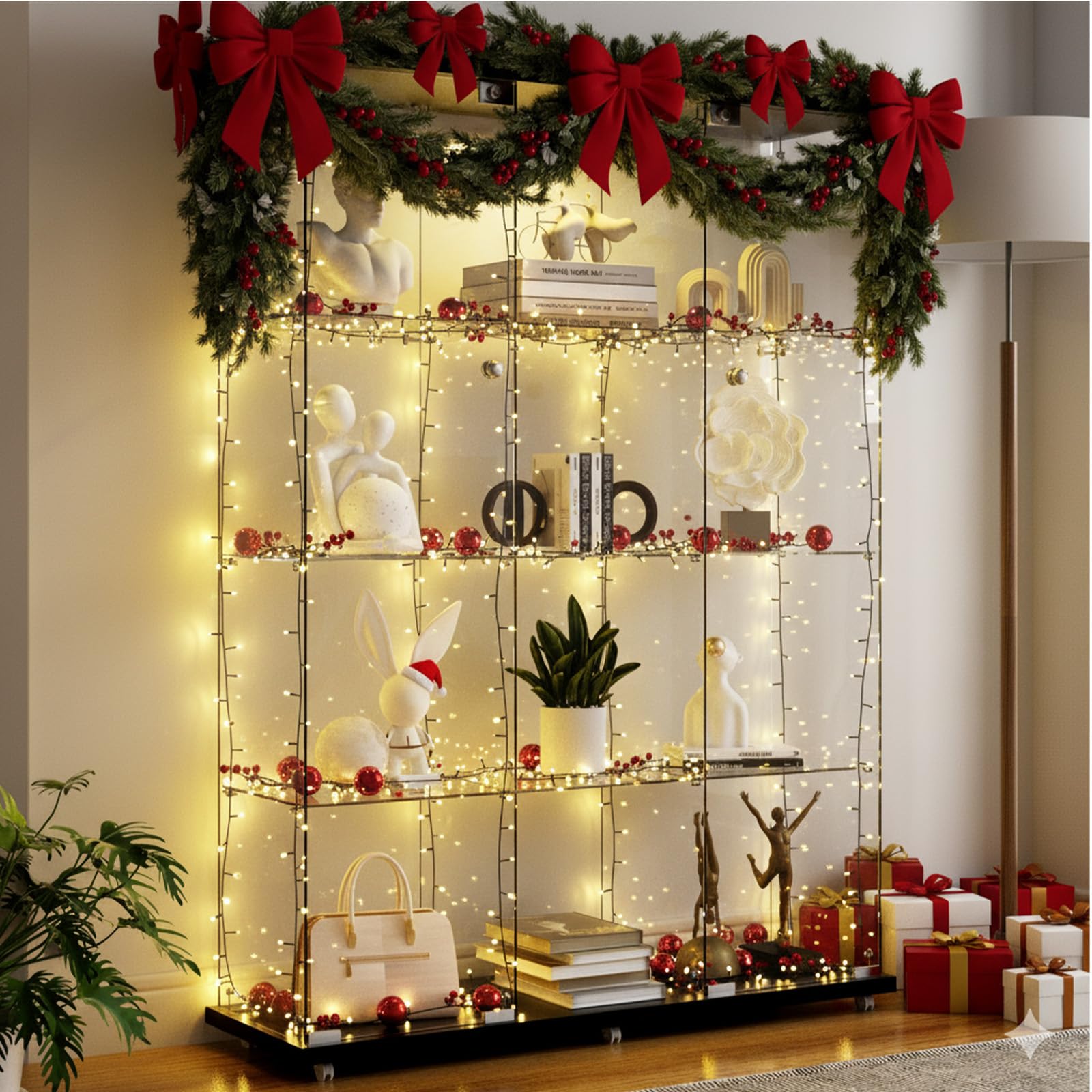 Glass Display Cabinet 12 Shelves with 2 Doors,Middle Open Display, Locking,LED Push Lights with Remote Control,4mm Tempered Glass Floor-to-Ceiling Glass Bookcase for Bedroom, Living Room,Black