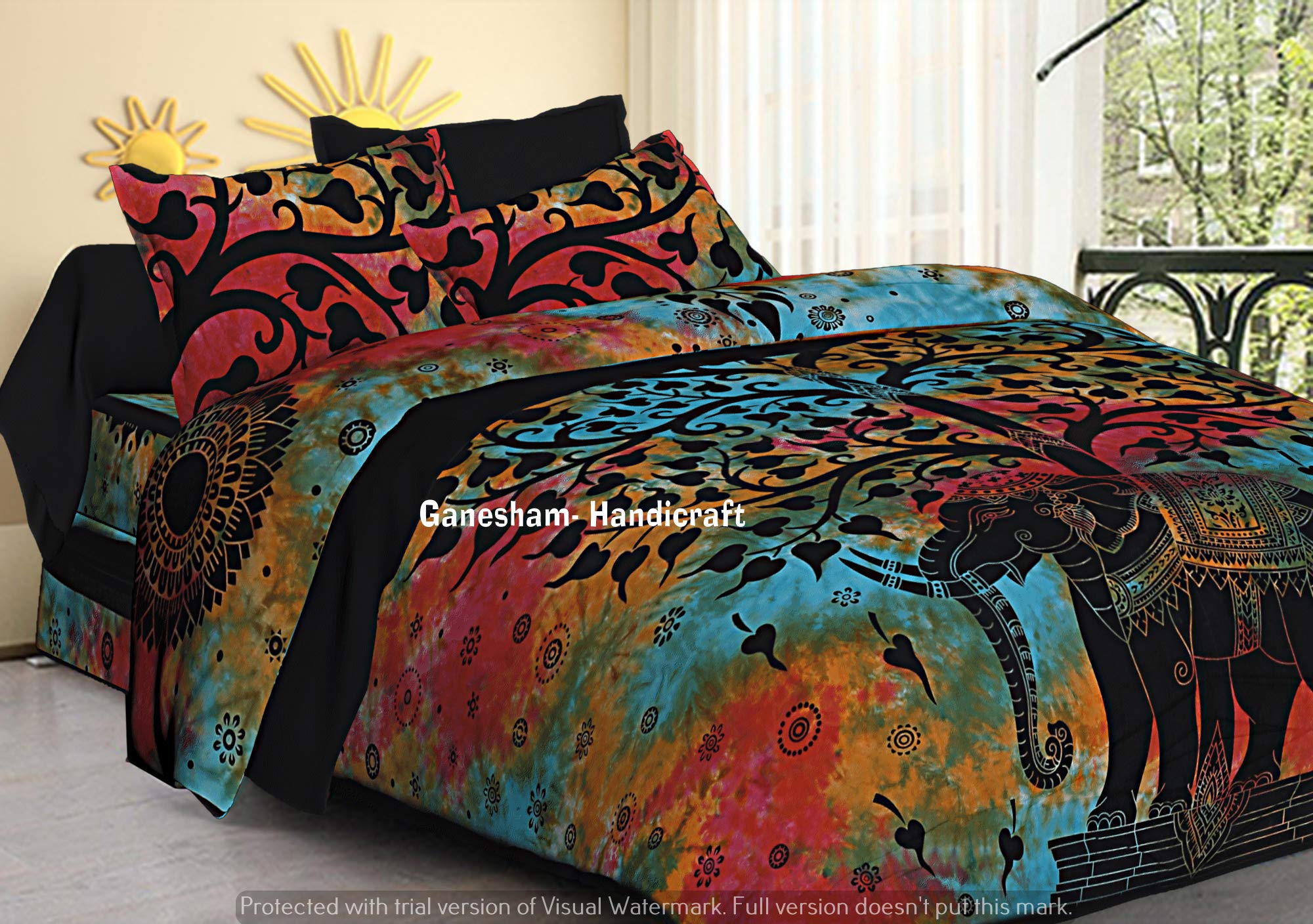 GANESHAM Indian Hippie Gypsy Bedroom Dorm Decor Bohemian Tapestry Single Bedding Boho Cotton bedsheet Reversible Twin Duvet Cover 2 Pillow Shams