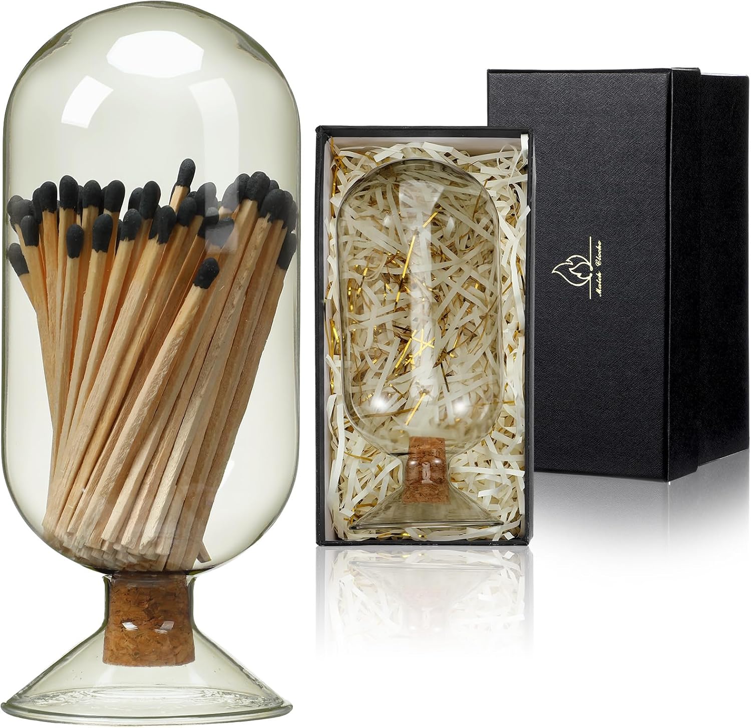 Qinyoung Smoke Gray Glass Match Cloche Holder Decorative Matches Jar Gift Set Fireplace Display Decor with Black Gift Box White Raffia, Not Include Sticks, 2.95 x 7 Inch