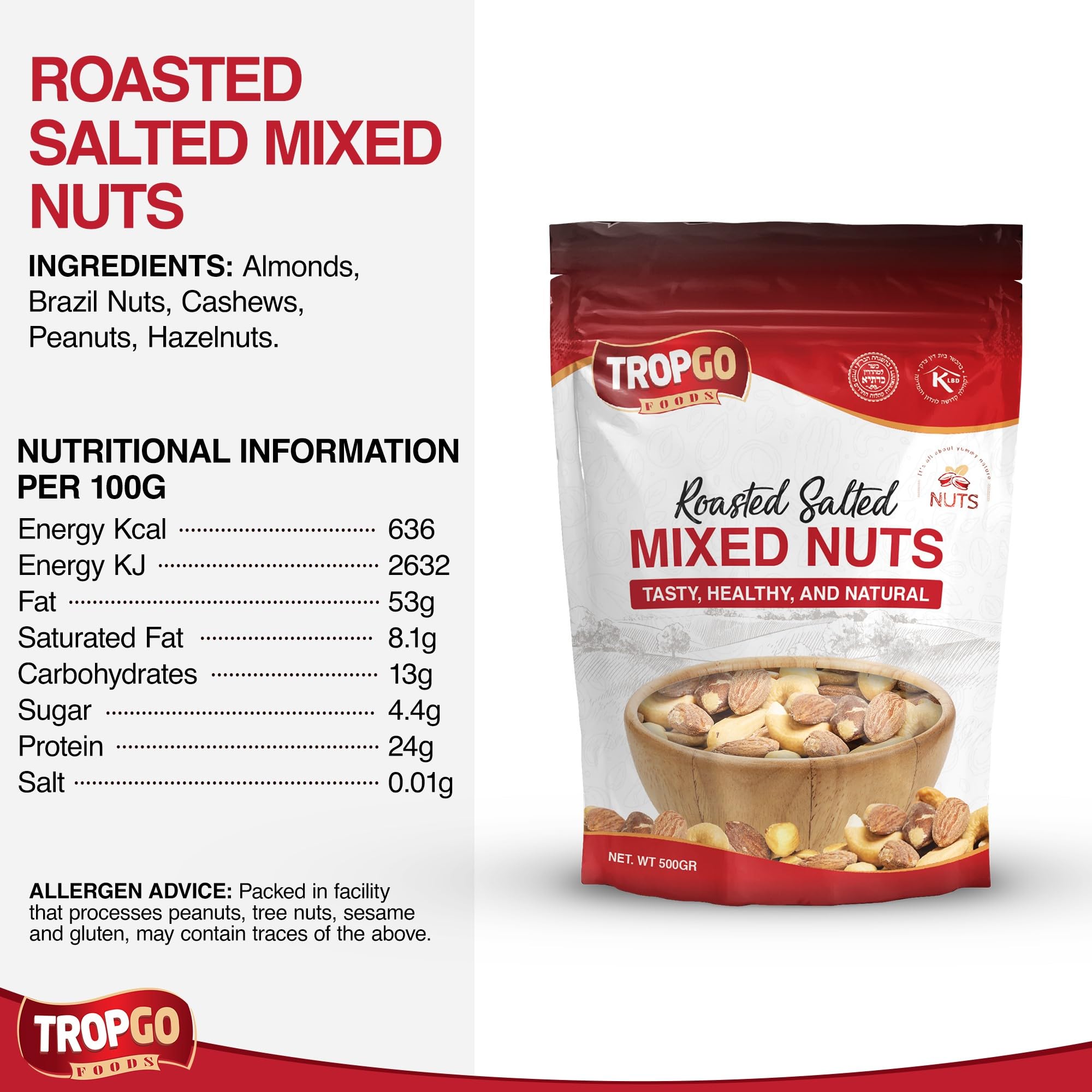 Tropgo Mélange de Noix Grillées Sans Sel 500g x2 – Noix Saines et Fraîches, Riches en Fibres & Protéines – Idéal en Snack – Amandes, Cajou, Noix du Brésil, Cacahuètes & Noisettes