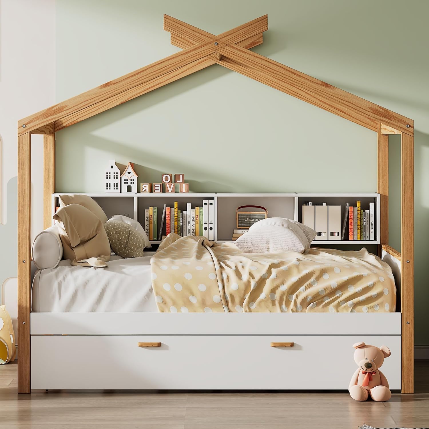 Bellemave Full Size Wooden House Bed with Original Wood Colored Wood Frame, Twin Trundle & Bookshelf Storage for Children, Teens or Guest Room,White + Natural