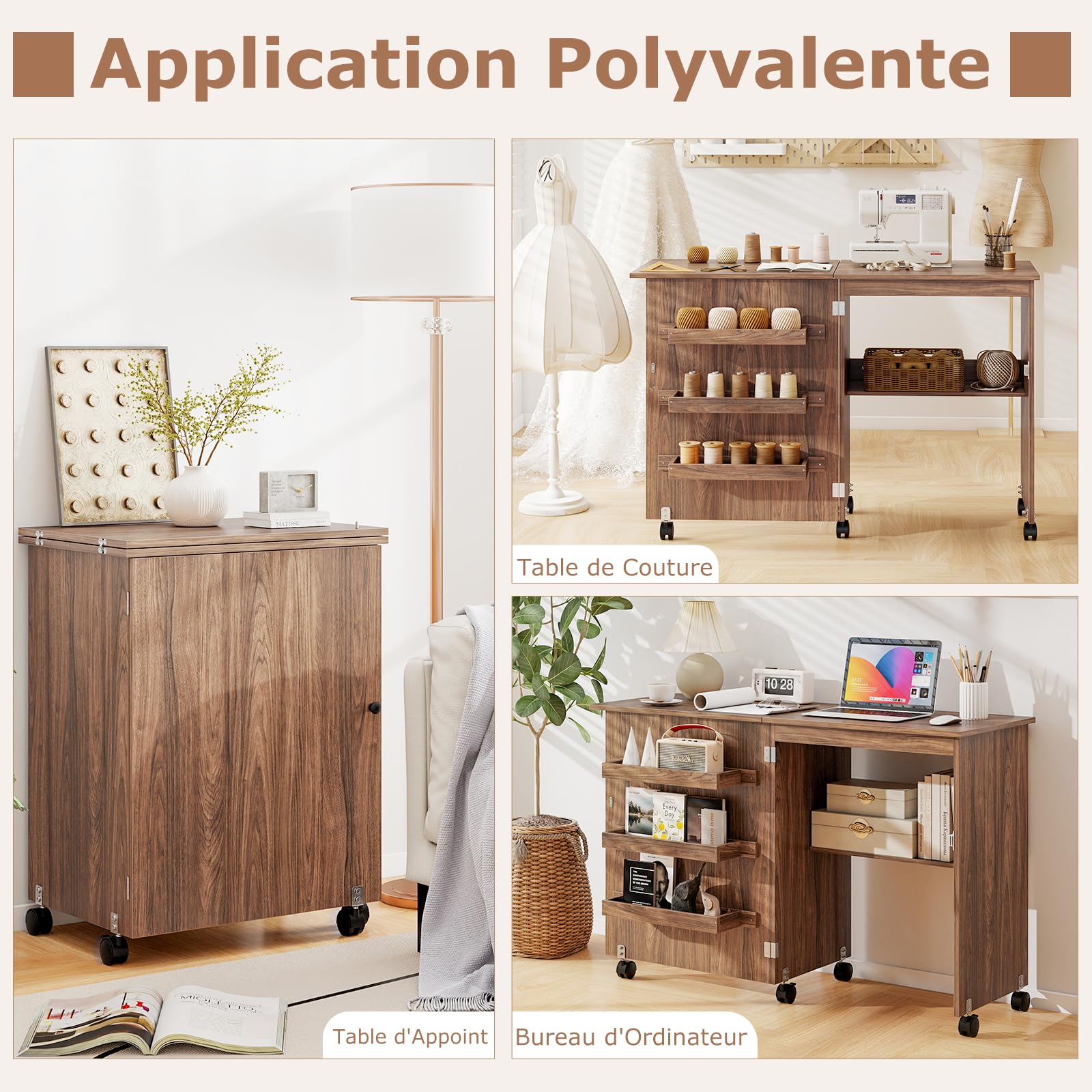 GIANTEX Table Couture Pliante, Meuble Machine à Coudre avec 4 Étagères pour Travaux Manuels, 5 roulettes, Armoire Couture avec Rangement pour Petits Espaces (118,5 x 40 x 79,5 cm, Marron)