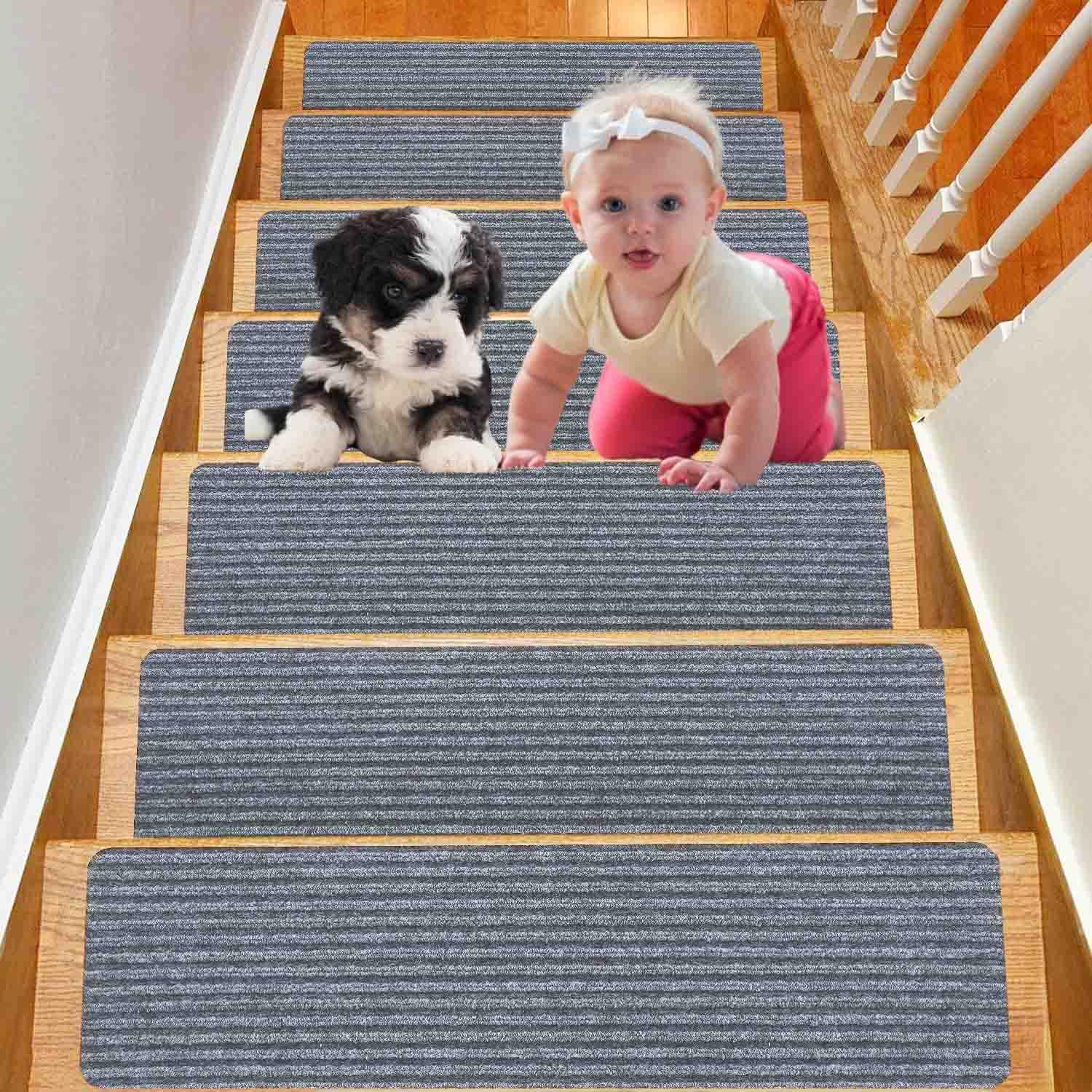 Duscdesp Stair Treads Carpet 15 Pack,60x20cm Peel and Stick Stair Runner,Self-Adhesive Anti Slip Carpet for Staircases,Suitable for Children,Elderly,and Pets(light gray)