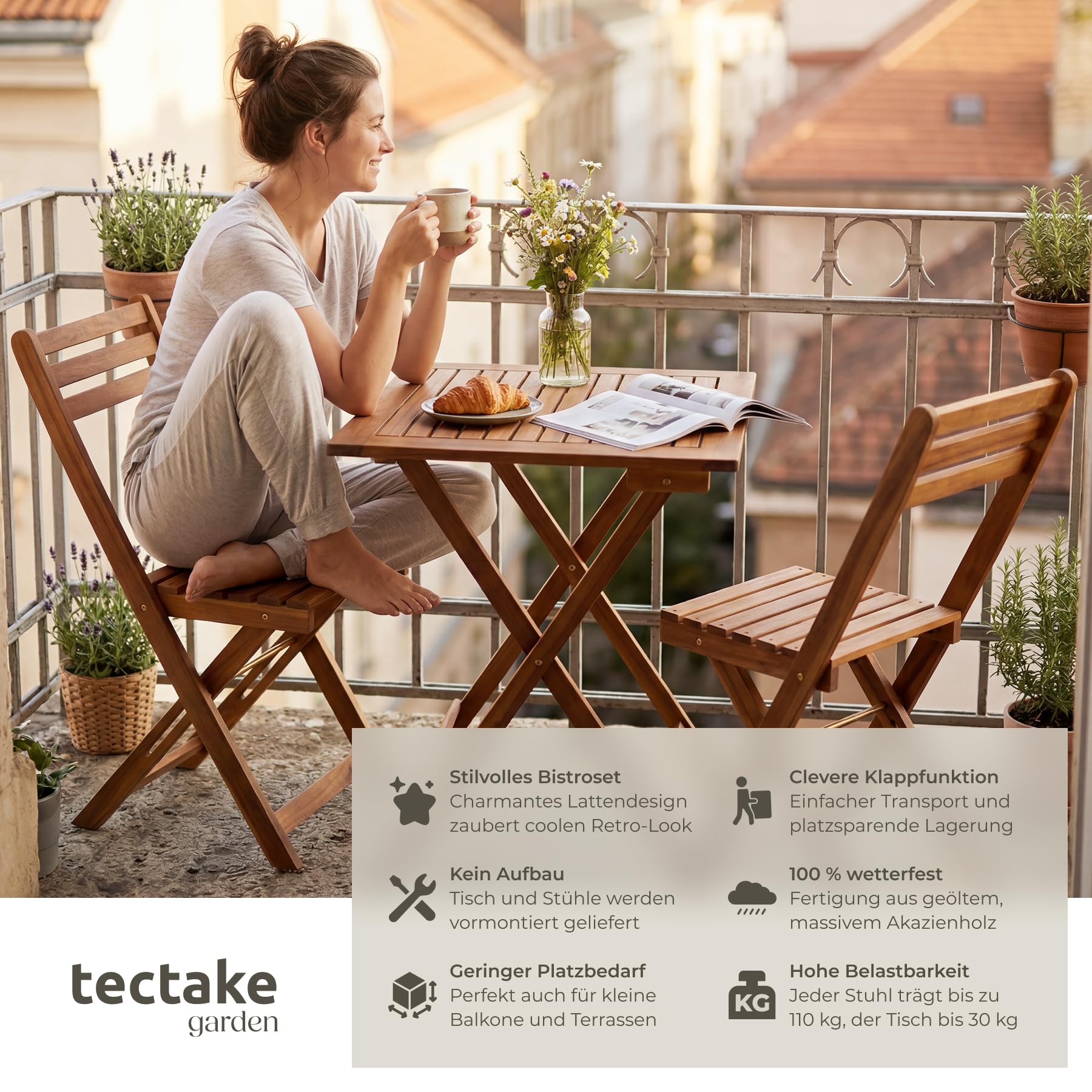tectake® Bistroset für 2 Personen, klappbar, wetterfestes Akazienholz, Massivholz, vormontierte Bistrogarnitur, Belastbarkeit Stuhl 110 kg, Gartenmöbel Set, Balkon Möbel, Terrassen Möbel, Sitzgruppe