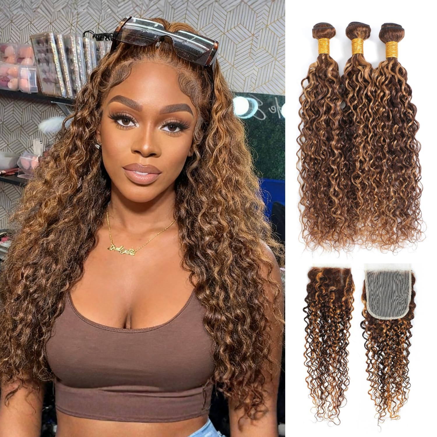 Highlight Bundles Human Hair with Closure20 22 24+20 Inch, 12A Soft & Shed-free Honey Blonde Curly Water Wave Bundles with 4x4 HD Lace Closure, P4/27