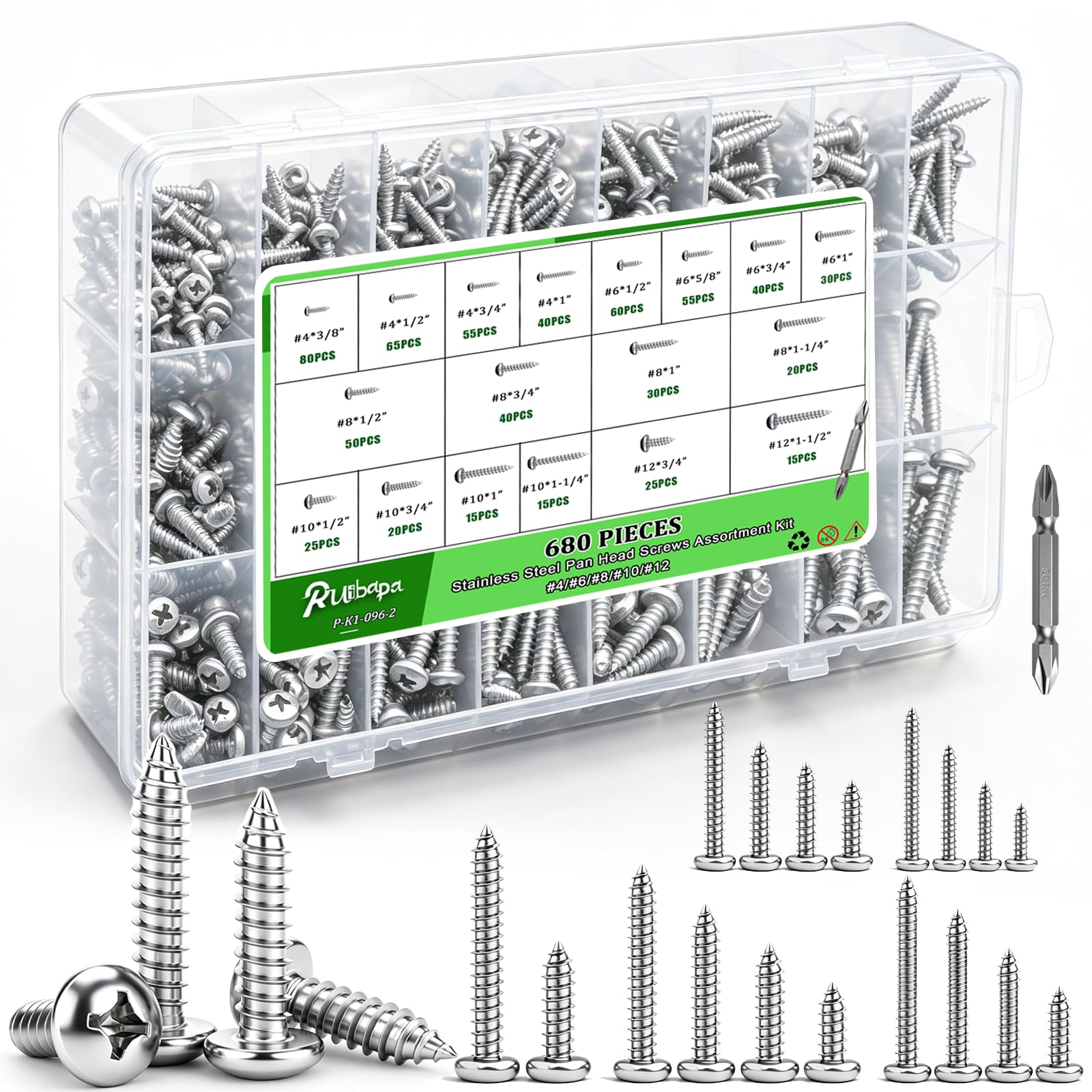 Kit surtido de 680 tornillos de madera, tornillos de cabeza plana de acero inoxidable 304, #4#6#8#10#12, tornillos de chapa de 0.25 a 1-0.5 pulgadas, juego de tornillos autorroscantes