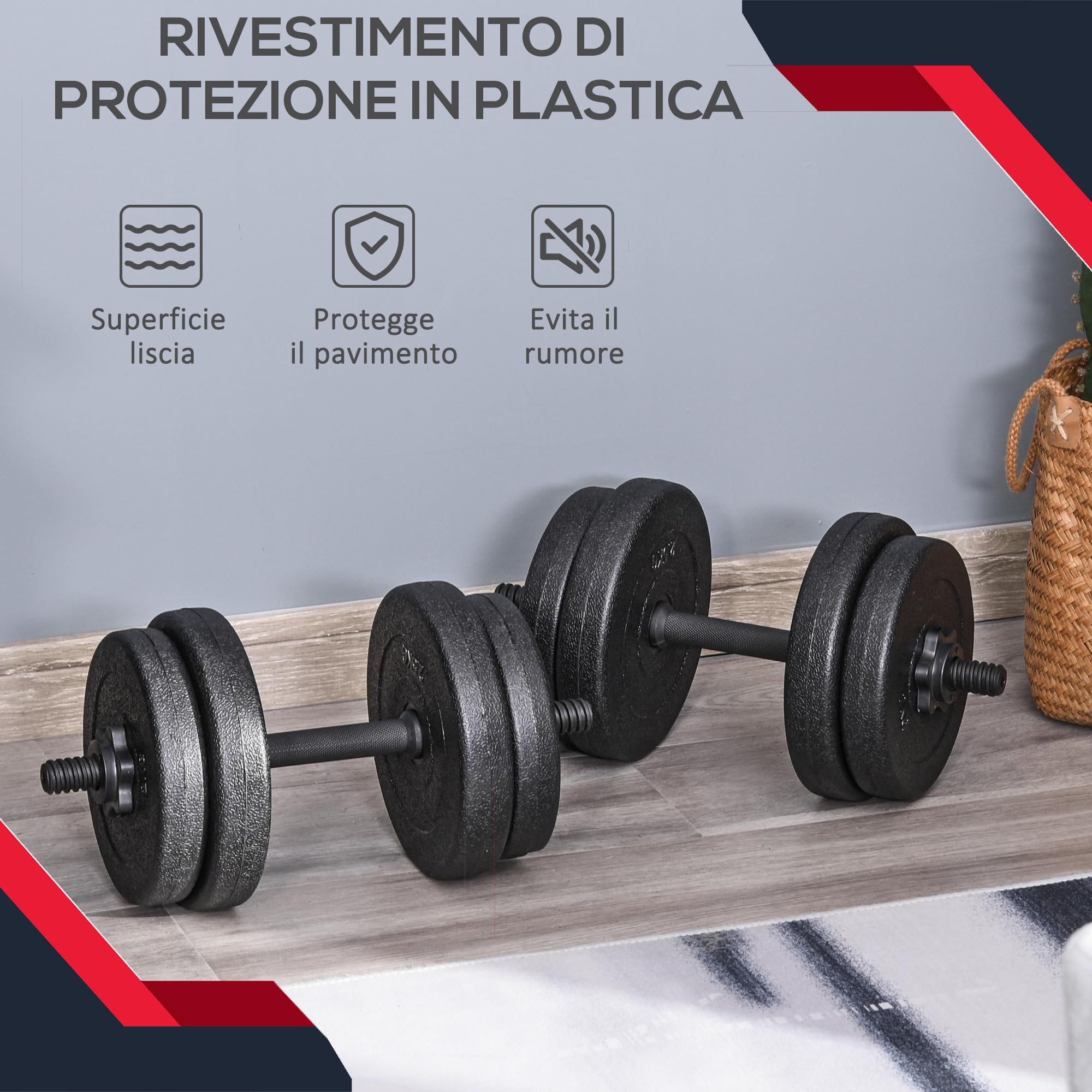 HOMCOM Set Manubri Palestra 20kg (4x2.5kg, 4x2kg), Pesi Palestra con 8 Dischi da 2kg, 2.5kg, Ø25mm, per Allenamento a Casa