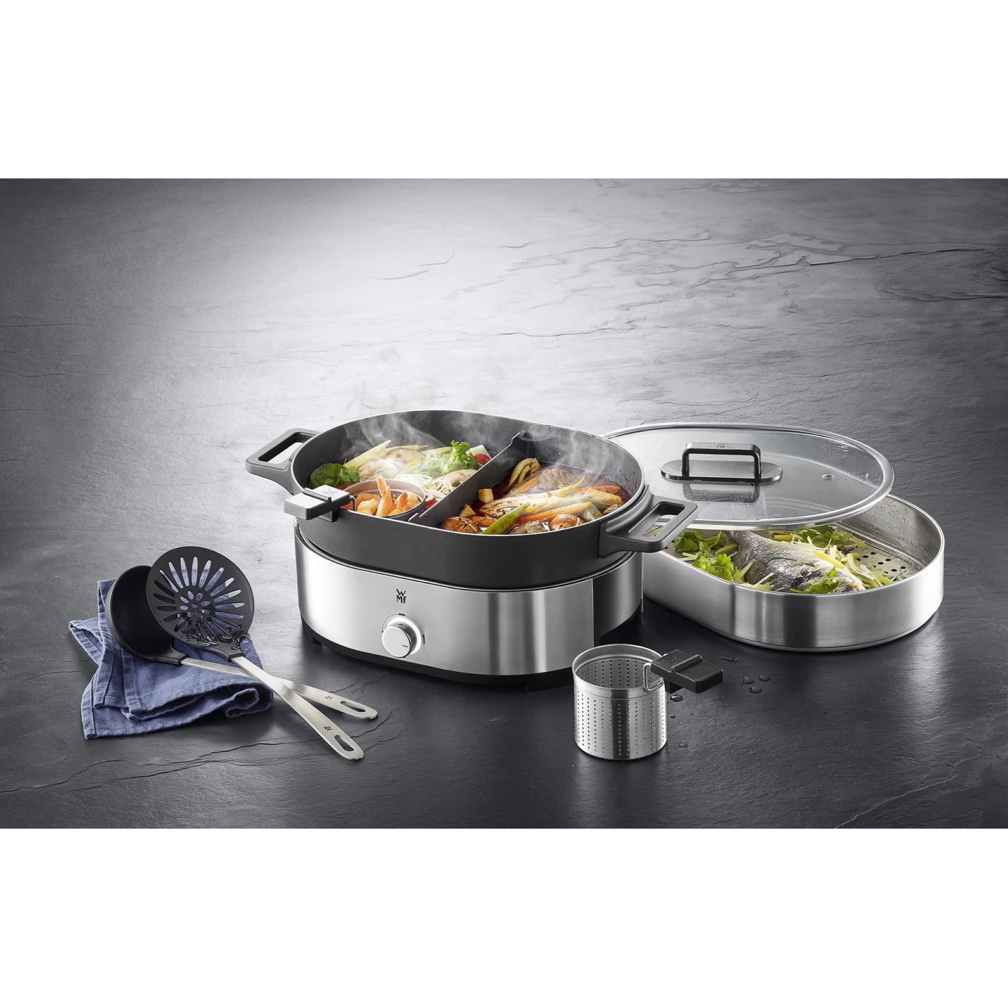 WMF Lono Hot Pot & Steamer, olla eléctrica versátil 1750 W, Negro, Acabados de Acero Inoxidable de Cromargan