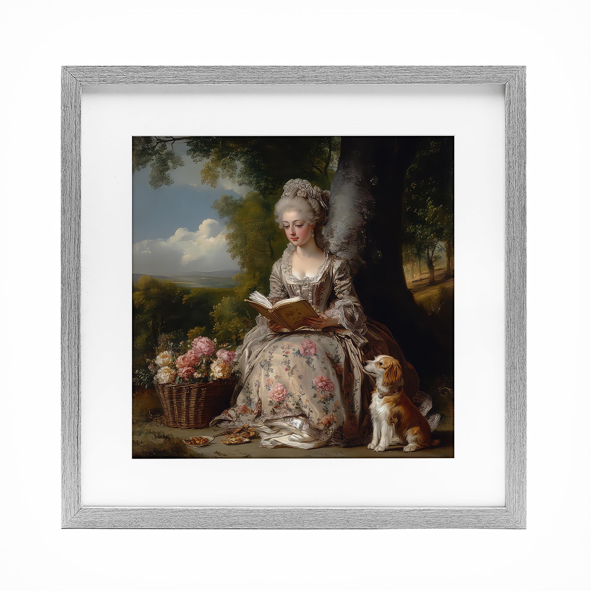 Stupell Industries Farmhouse Gray (Textured) Rococo Lady With Dog Portrait, 16 X 16 Inch Framed Print Under Glass