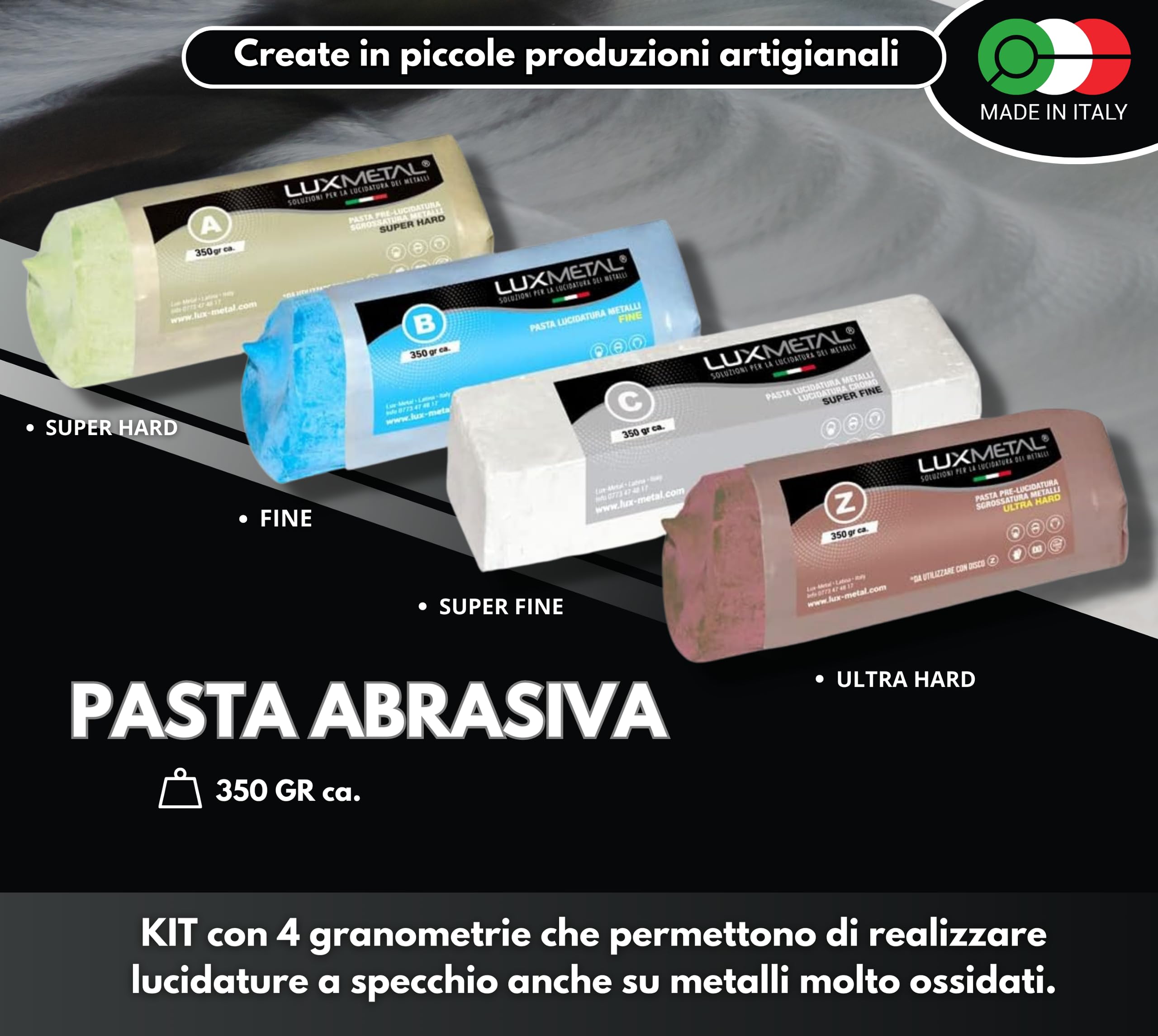 Lux Metal Kit Lucidatura 4 Disco Lucidatura 200 mm e 4 Pasta Abrasiva Lucidante 350 gr in Cotone da Mola Dischi Per Lucidare Metalli Acciaio Inox Alluminio Set Lucida Ottone Rame Smerigliatrice Ruota