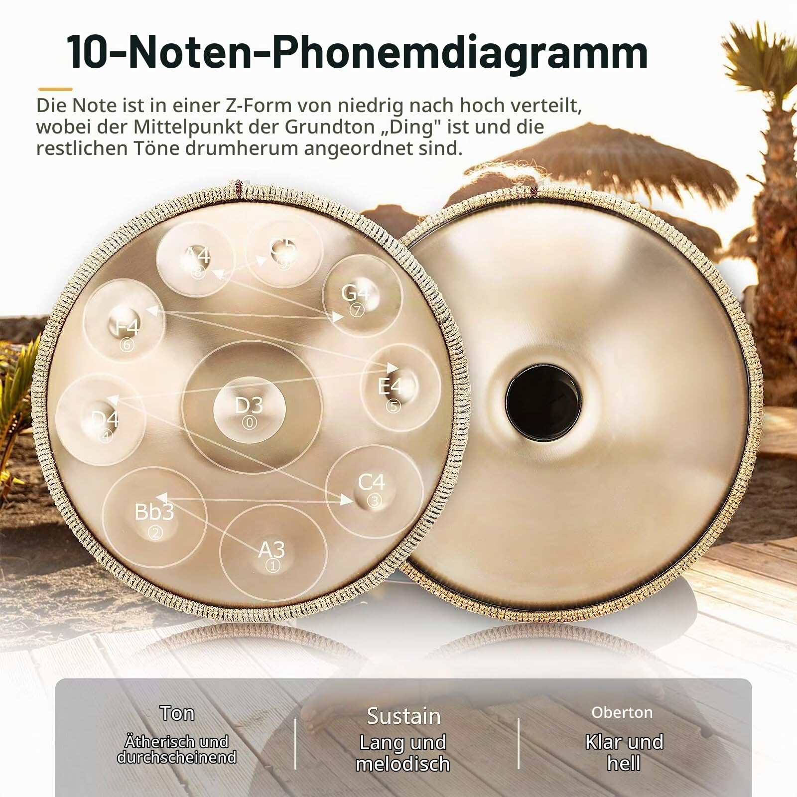 Handpan 440 Hz, 10 Töne 22 Zoll Steel Instrument 'Gold Performer' in D Minor - Mit Weicher Tasche, Schlägeln, Ständer Für Anfänger, Profis, Musiktherapie