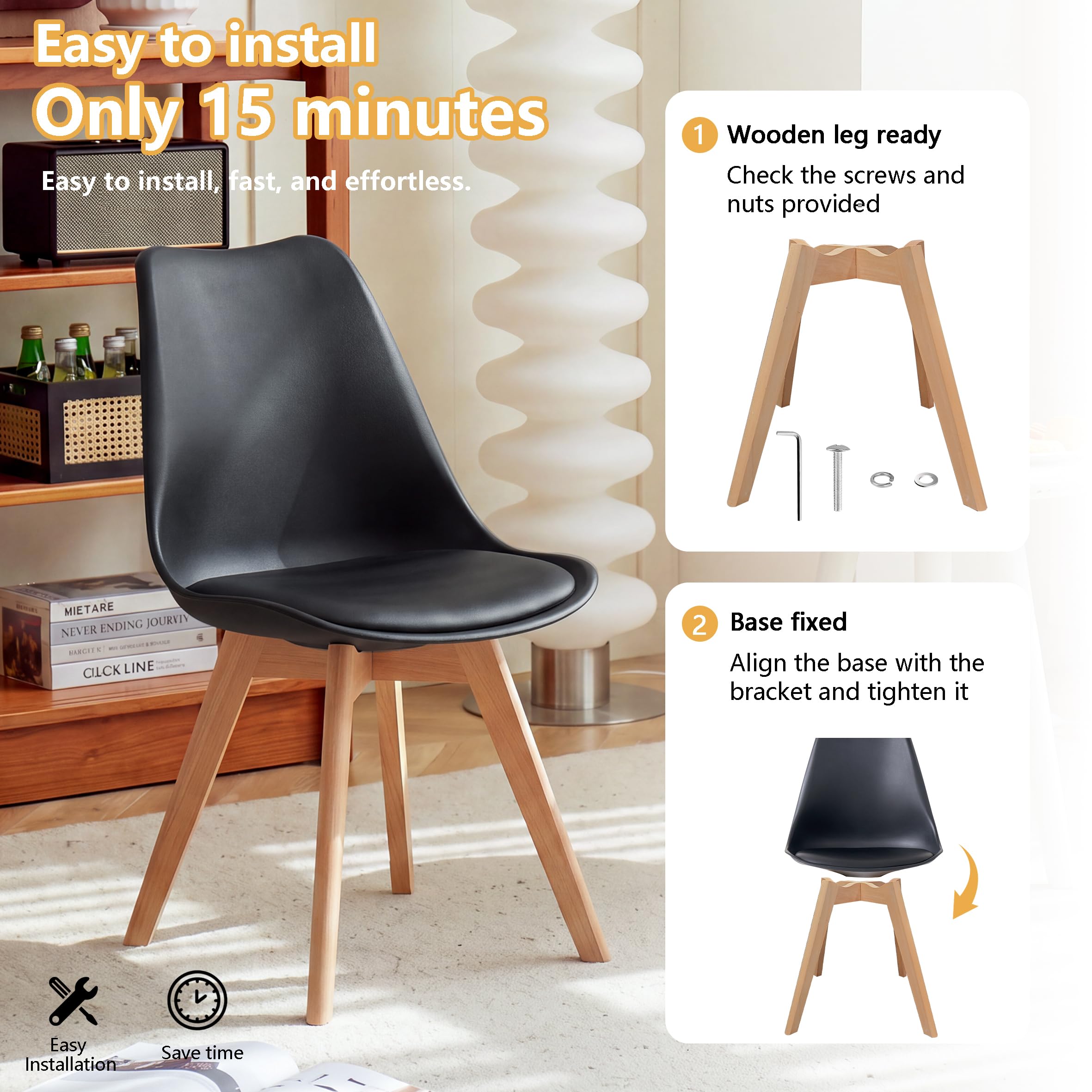 GrandCA HOME Juego de 6 sillas de Comedor escandinavas, diseño escandinavo, Patas de Madera Maciza, ergonómicas, para Comedor, salón, Cocina y Dormitorio (Negro, 6)