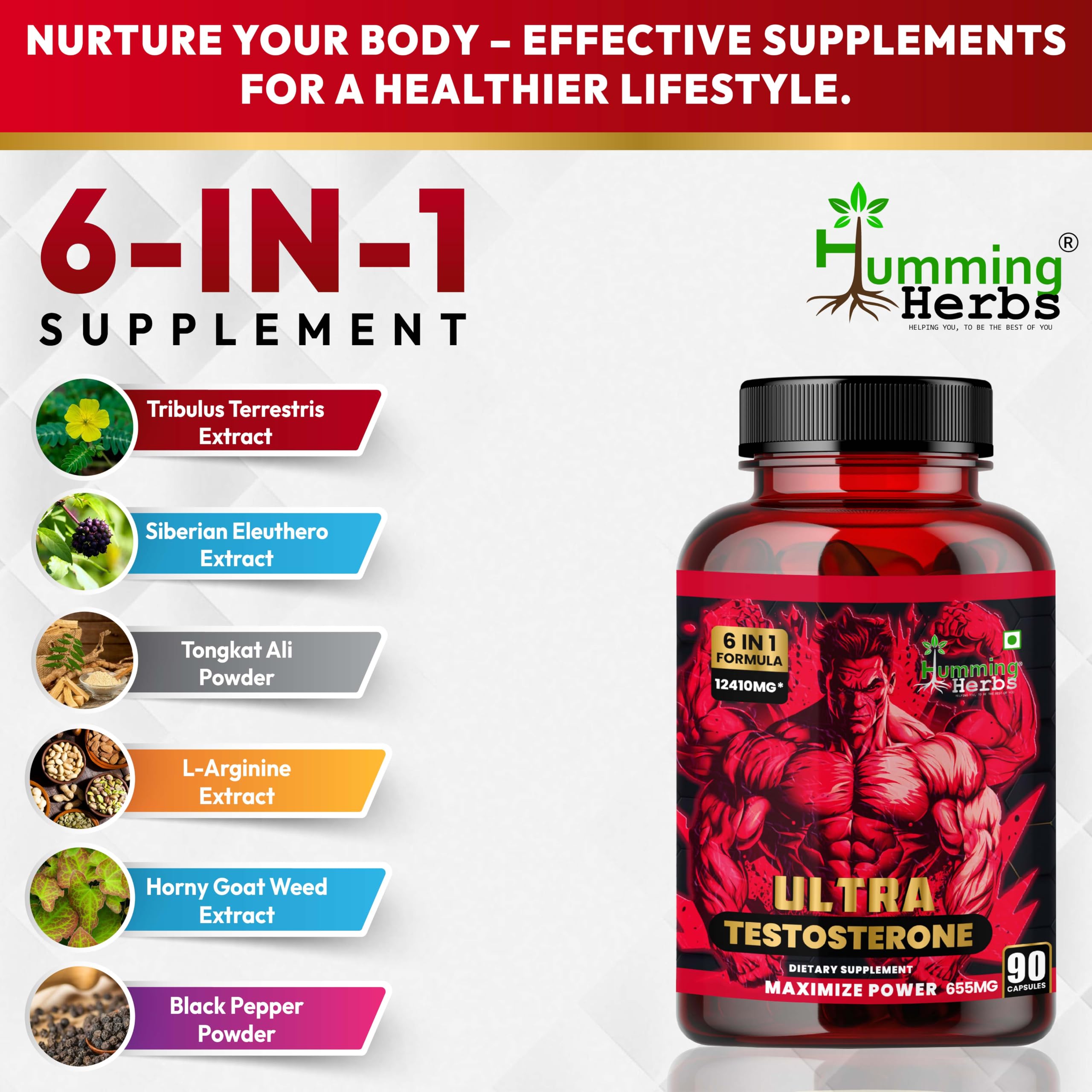 Humming Herbs Ultra Testosterone support for men| Muscle Growth, Energy and Performance with | Tongkat Ali, Tribulus,Arginine and Horny Goat Weed | | 6in1 | 12410 eqv |90 Capsules |, 80 grams — Amazon image 7