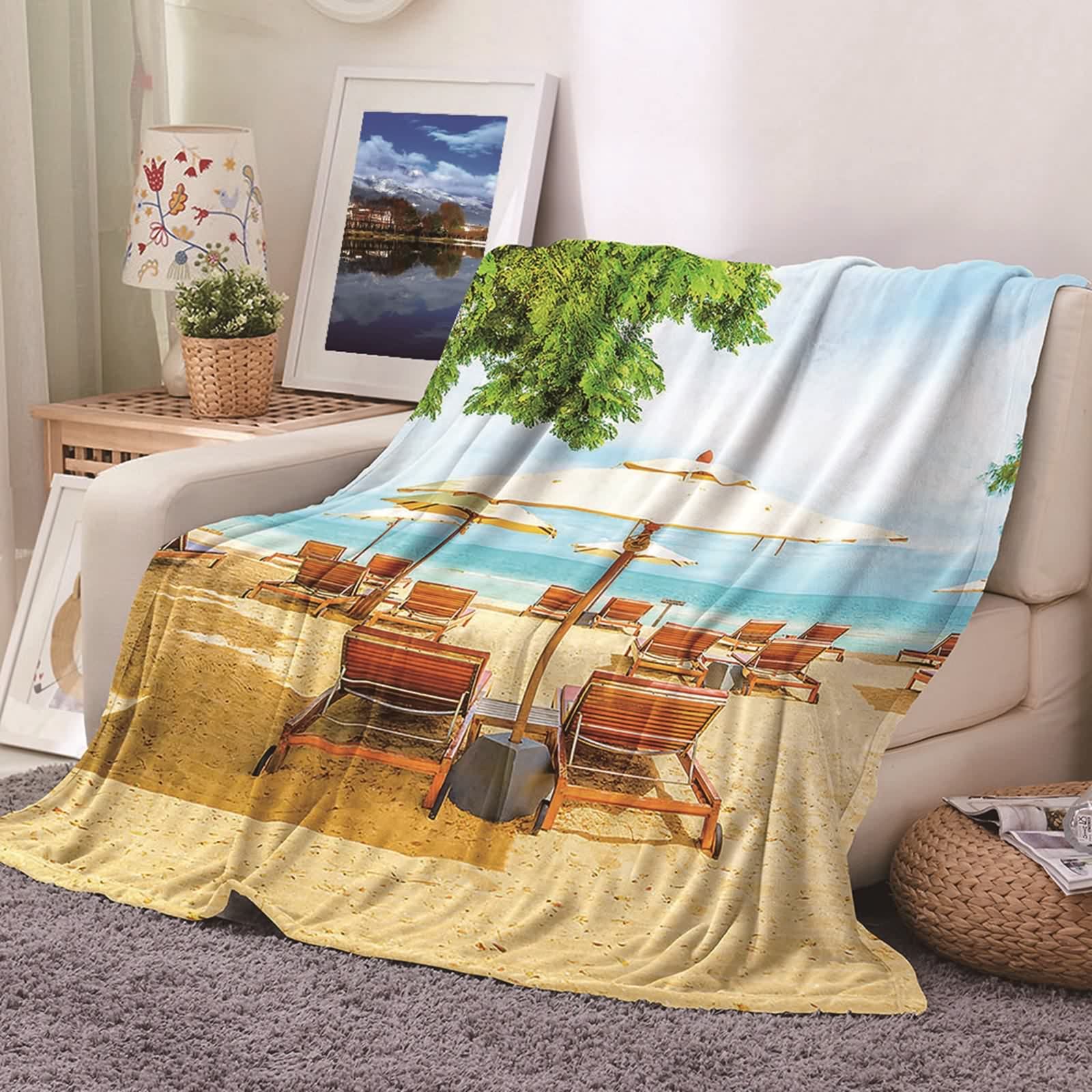 Plaid couverture polaire haut de gamme KnSam flannel douce motif beach tree bleu vert 100x150cm
