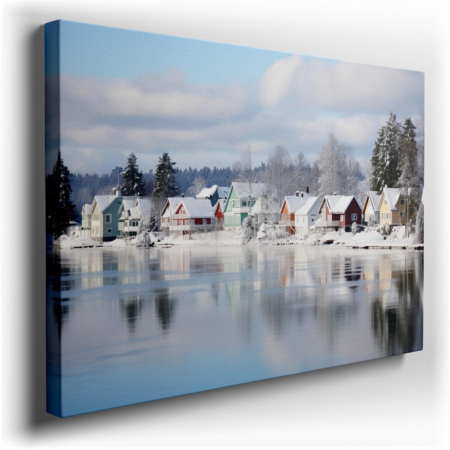 Canvas for Living room. Winter Wonderland by the Lake - A Tapestry of Colorful Houses and Serene Snowscapes, 27 x 18 inch Canvas Wall Art - Contemporary Masterpieces - Modern Home Decor