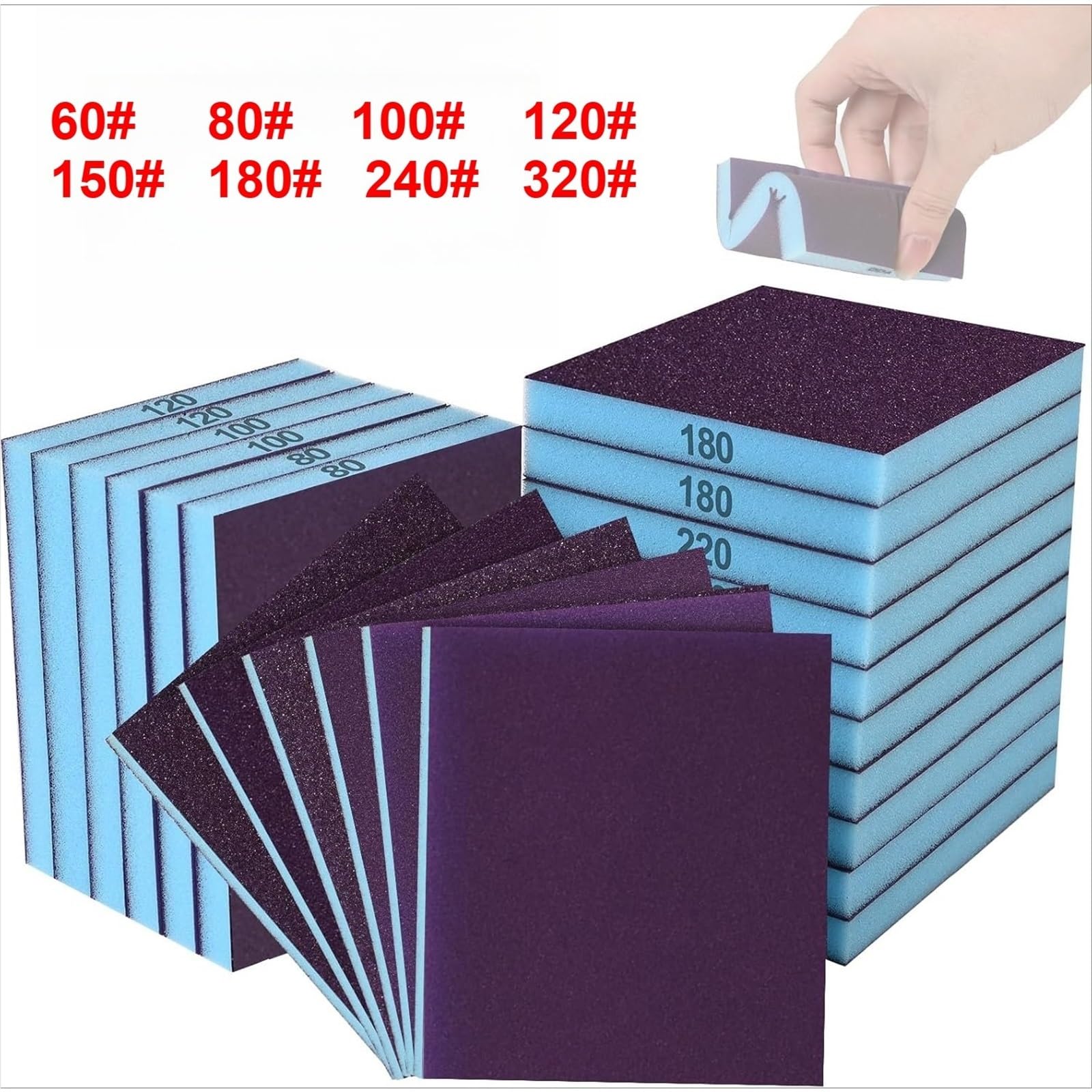 Lija Madera Paquete de 8 esponjas de Lijado de Doble Cara, Bloques húmedos y Secos 60-320#, Surtido Lavable for Madera Curvada, Pintura, Paneles de Yeso, Metal(8pcs-100 Grits)
