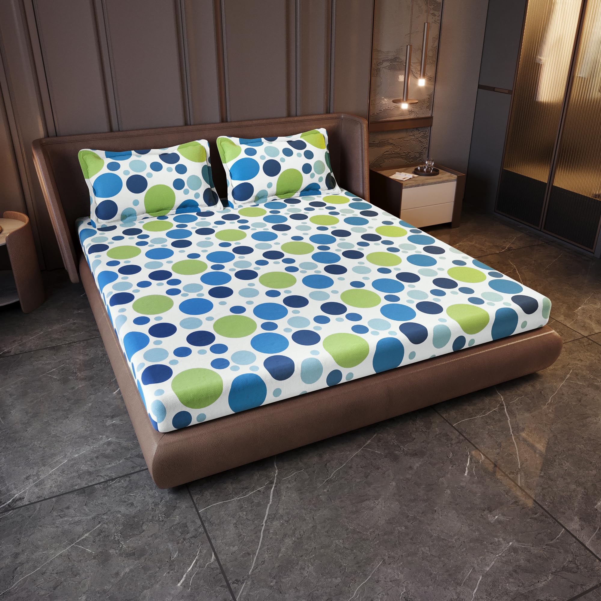 Divine Casa 144 TC Cotton King Size Bedsheet with 2 Pillow Covers | Breathable Wrinkle Free Bedsheet for King Size Bed | Printed Bed Sheet Set for Bedroom | 270 x 270 cm (Blue Lagoon, Geometric)