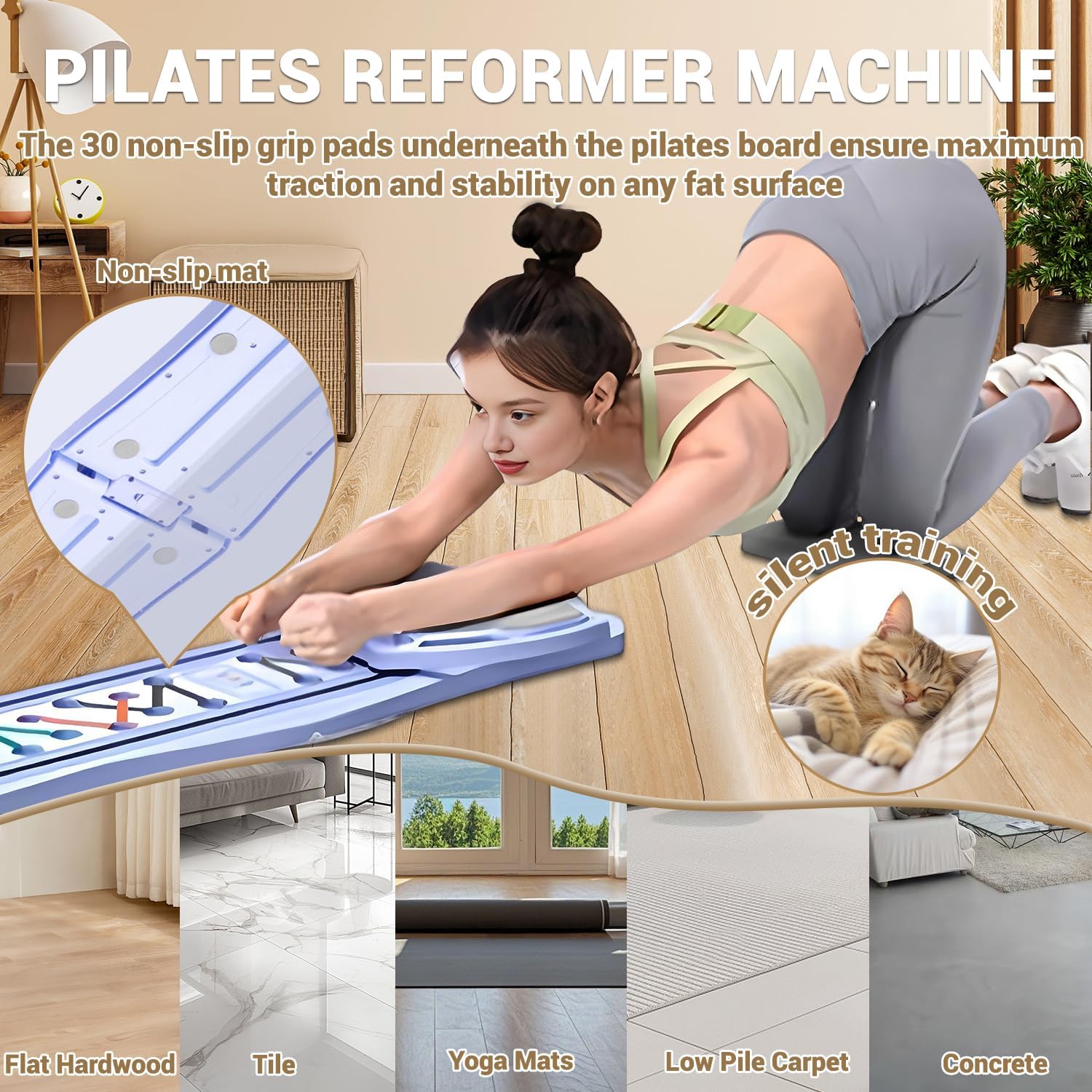 Pilates Board for Home Workout with Mat, Bar, Slider and Resistance Bands, Foldable Portable Pilates Reformer Machine Kit for Women, Multifunctional Pilates Equipment for Gym Office Exercise