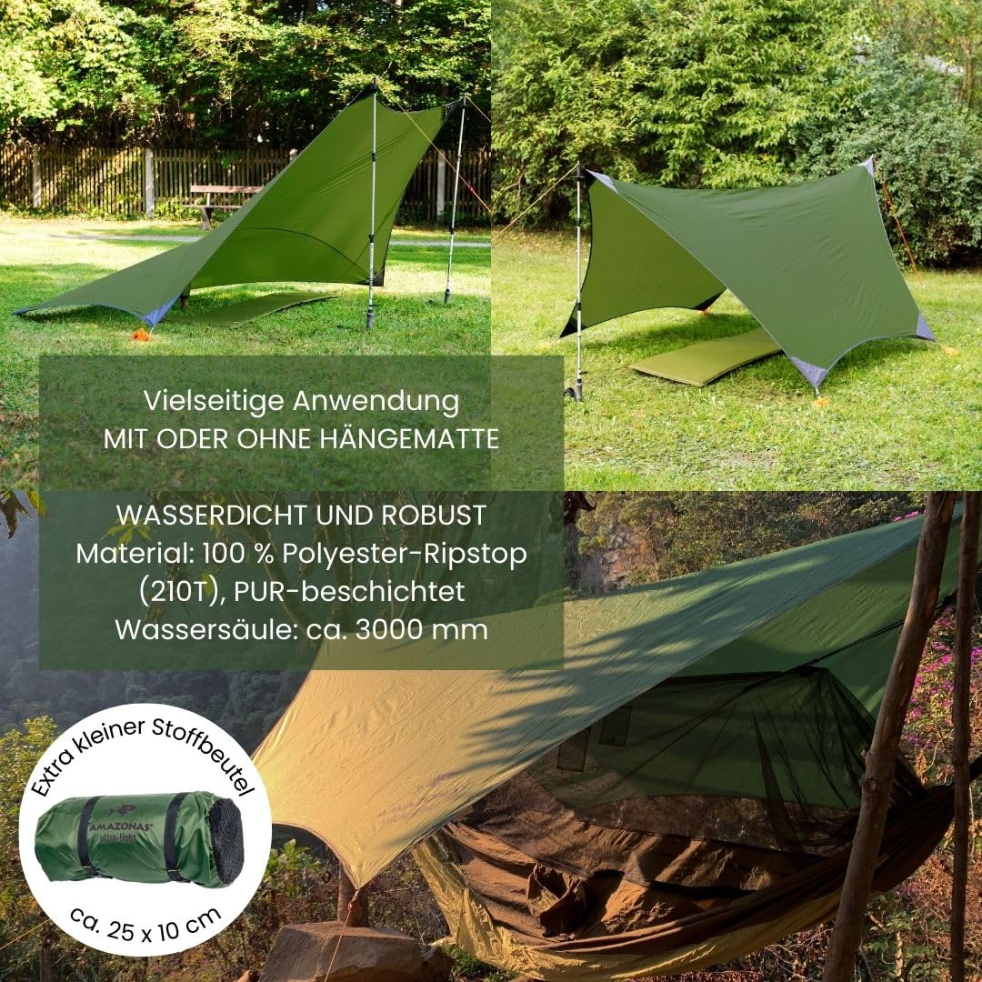 AMAZONAS - Traveller Set | Leichtes All-in-One Camping-Set mit Hängematte, Moskitonetz, Thermofach, wasserdichtem Tarp und Aufhängung | Kompaktes Packmaß 25cm x 10cm, Gewicht 1,48kg