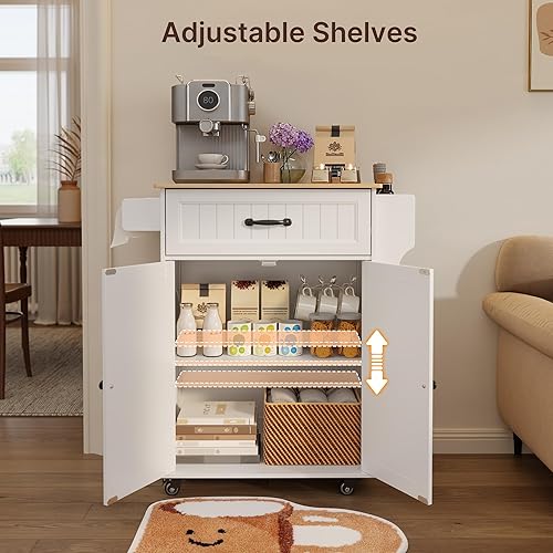 Miniatura 4 de Gizoon Carrito de isla de cocina con estante ajustable, carrito móvil de 35.8 pulgadas de ancho con ruedas de metal con cajón y armario de